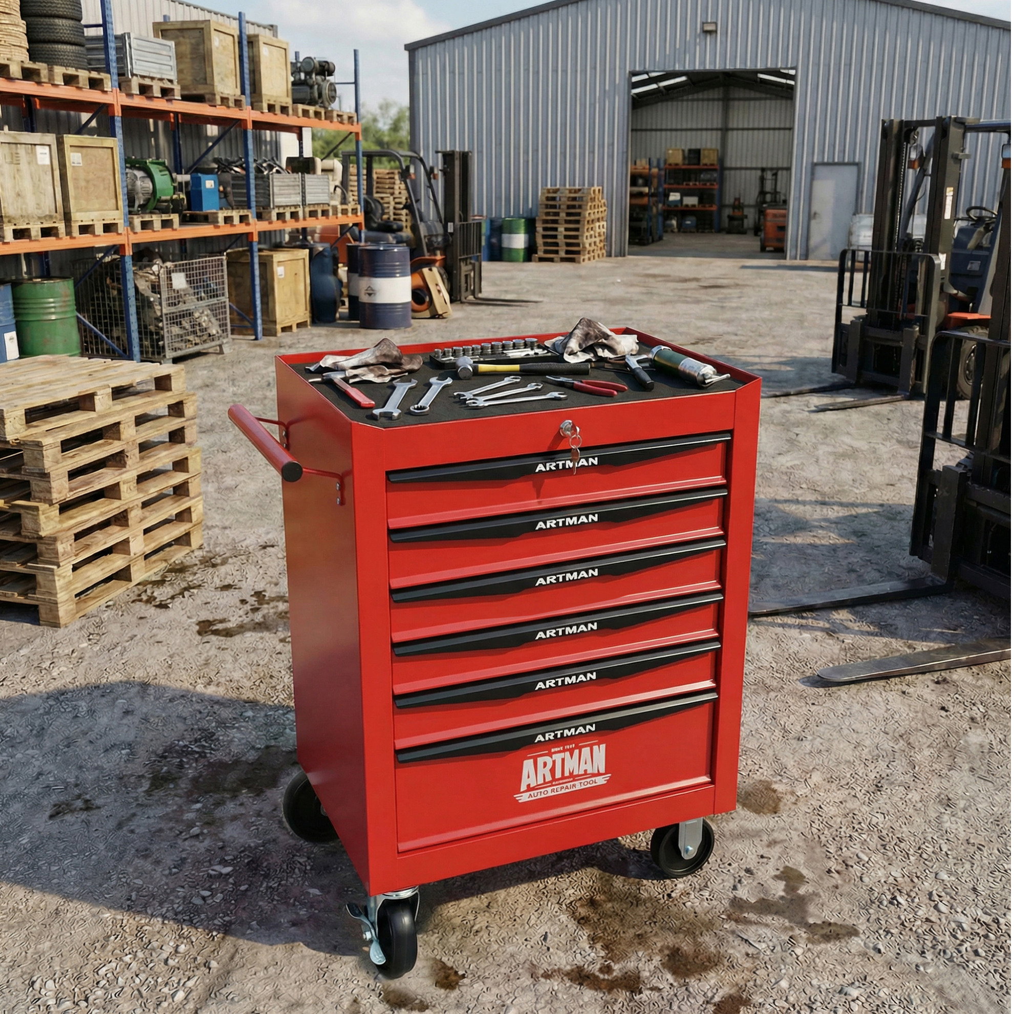 Werkzeugwagen 59.2x39.0x72.8 Cm, 6 Schubladen, Abschließbar, Mit Rollen, Stahl, Rot Schwarz