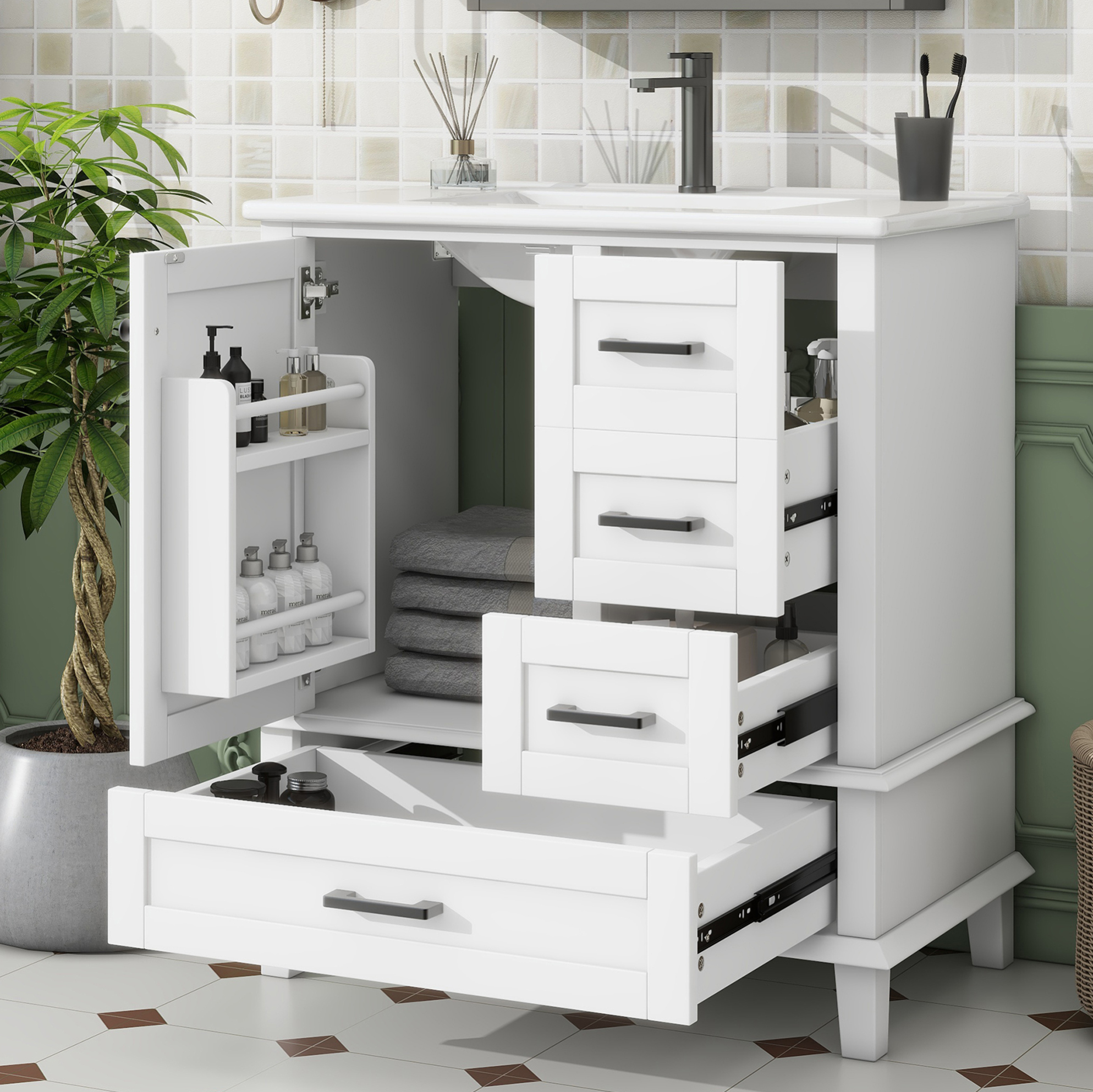 Badezimmerschrank Mit Waschbecken 76x46x83,5 Cm, Freistehend, Mit 3 Schubladen, Mdf, Keramik, Weiß