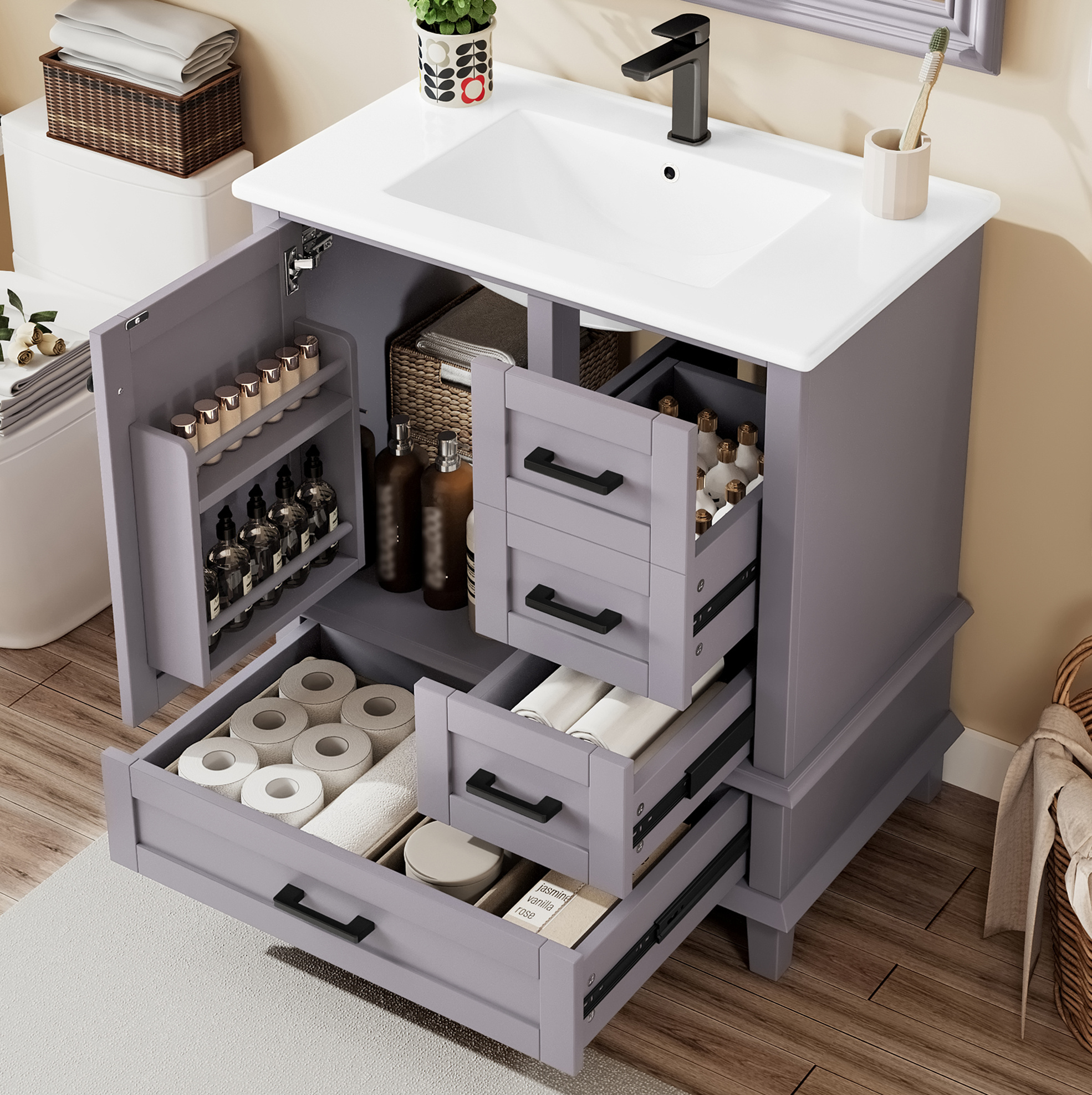 Badezimmerschrank Mit Waschbecken (76 X 46 X 83,5 Cm), Freistehend, 3 Schubladen, Lackiert, Keramik, Grau
