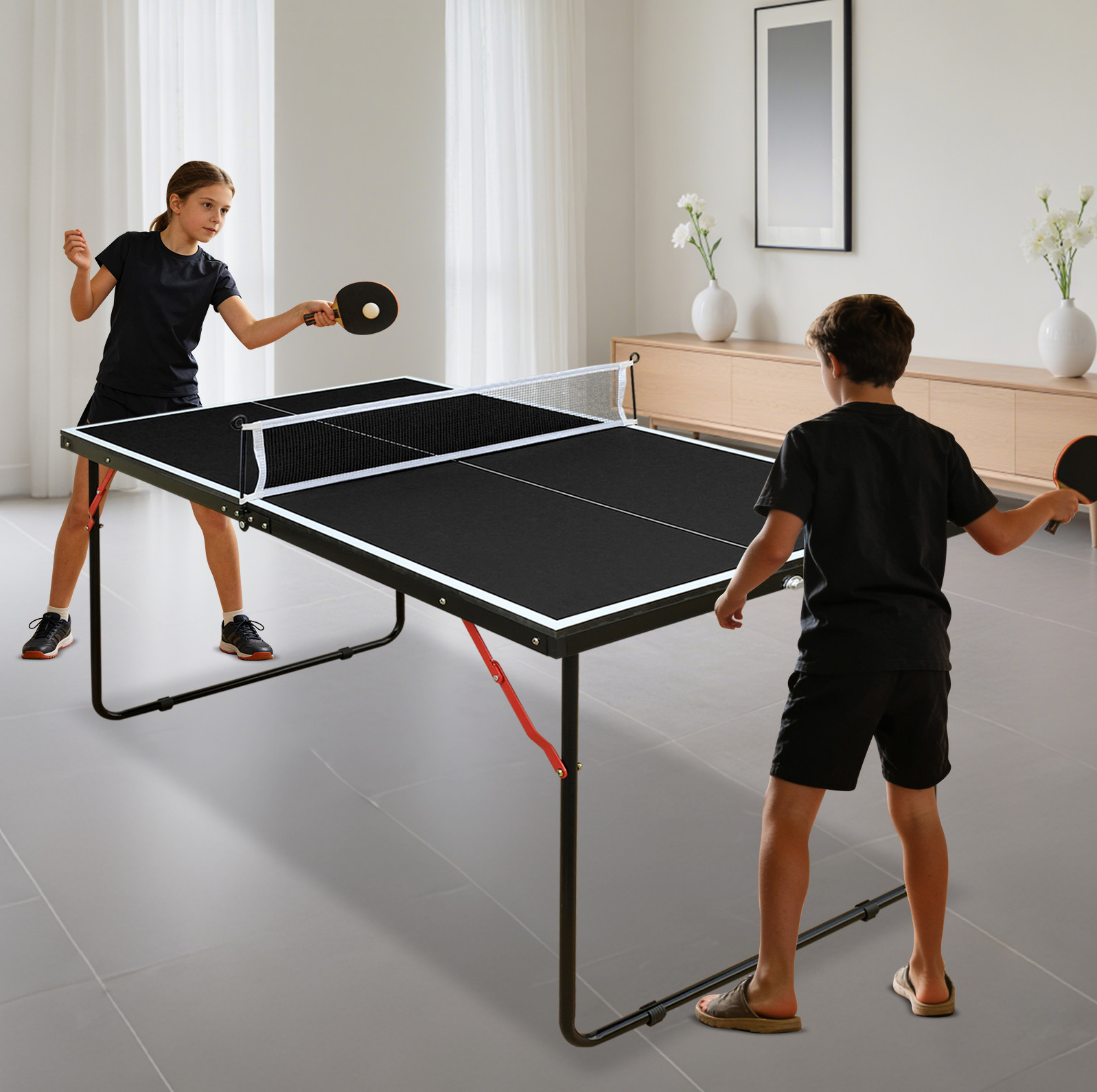 Tischtennistisch (137.2 X 76.2 X 66 Cm), Klappbar, Vorinstalliert, Mit Tragegriff, Mdf, Schwarz