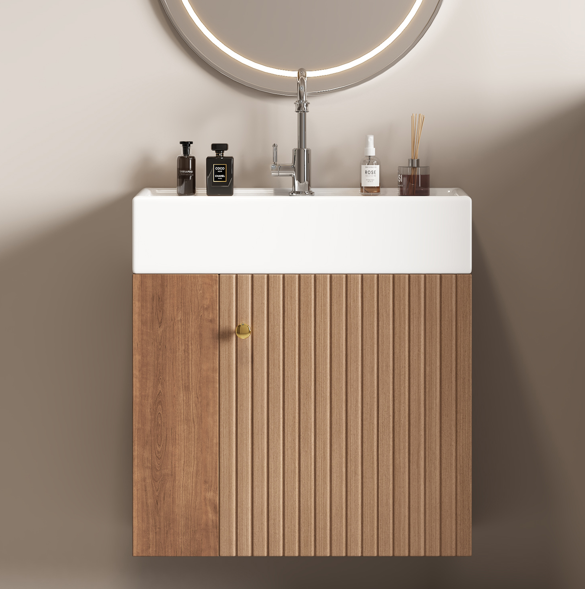 Waschtischunterschrank (69.0x52.0x32.0 Cm), Mit Ablageschrank Und Seitenfächern, Mdf, Braun