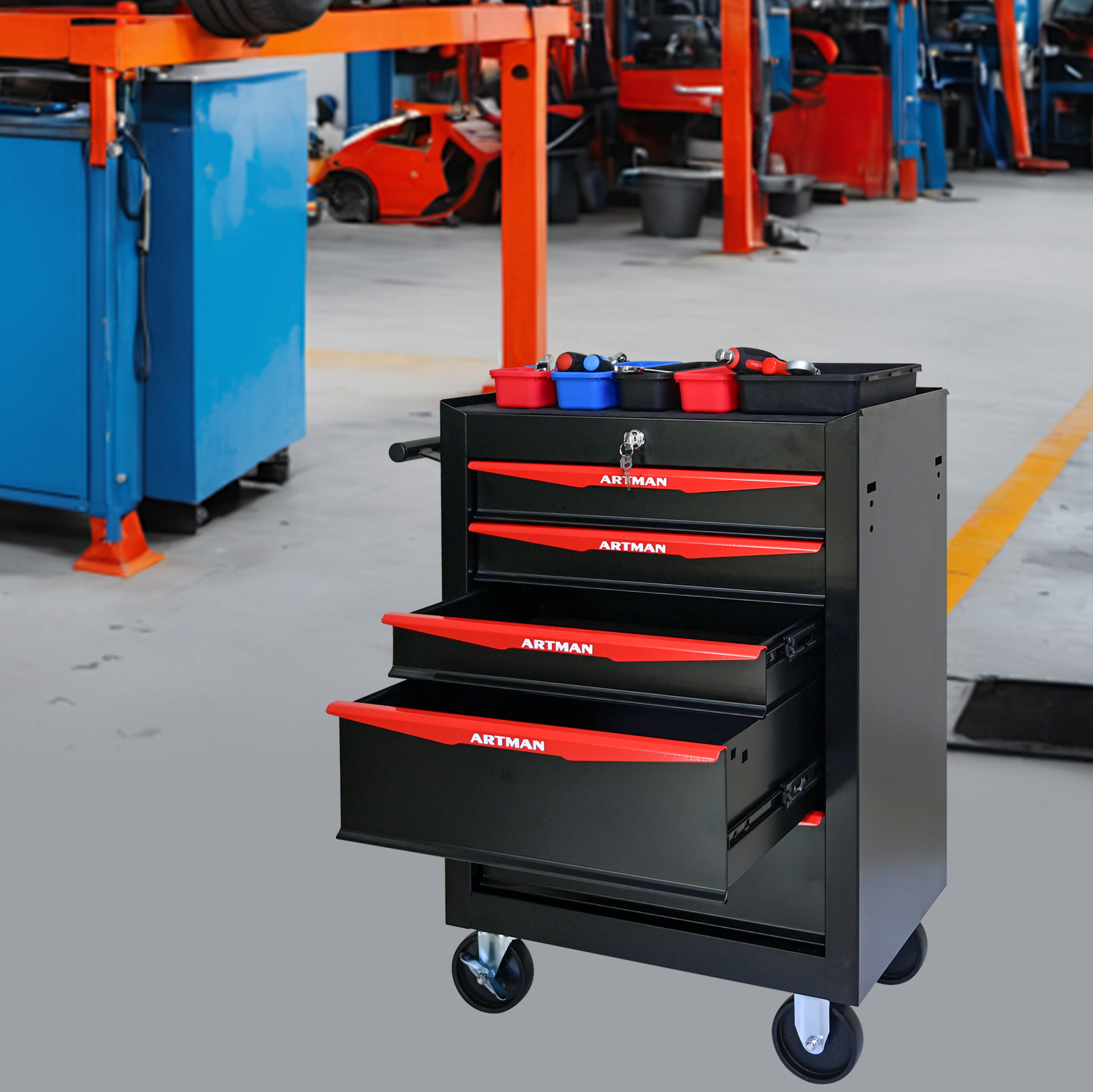 Werkzeugwagen (59.2x39.0x72.8 Cm), Mit 5 Schubladen, Abschließbar, Auf Rollen, Stahl, Schwarz Rot