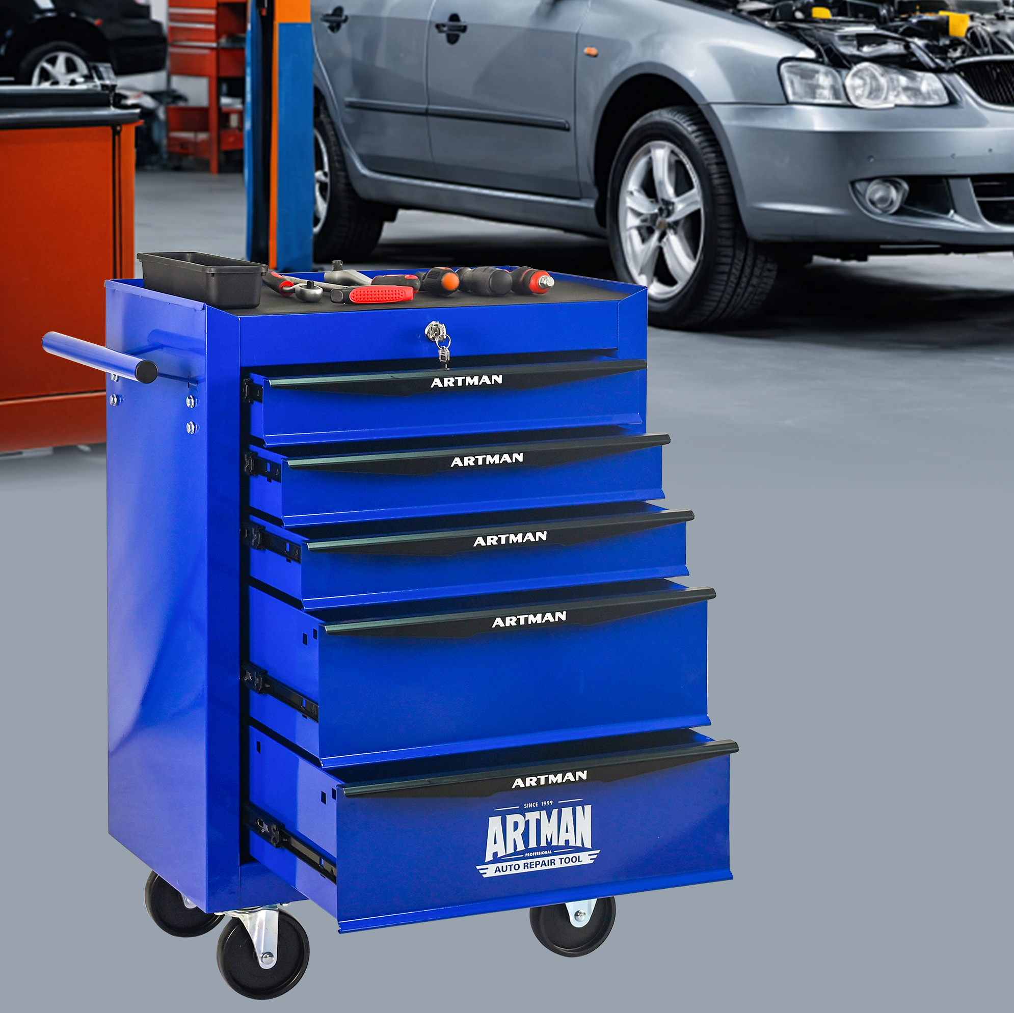 Werkzeugwagen (60x33x77.5 Cm), Mit 5 Schubladen, Abschließbar, Kugelgelagerte Schienen, Stahl, Schwarz Blau