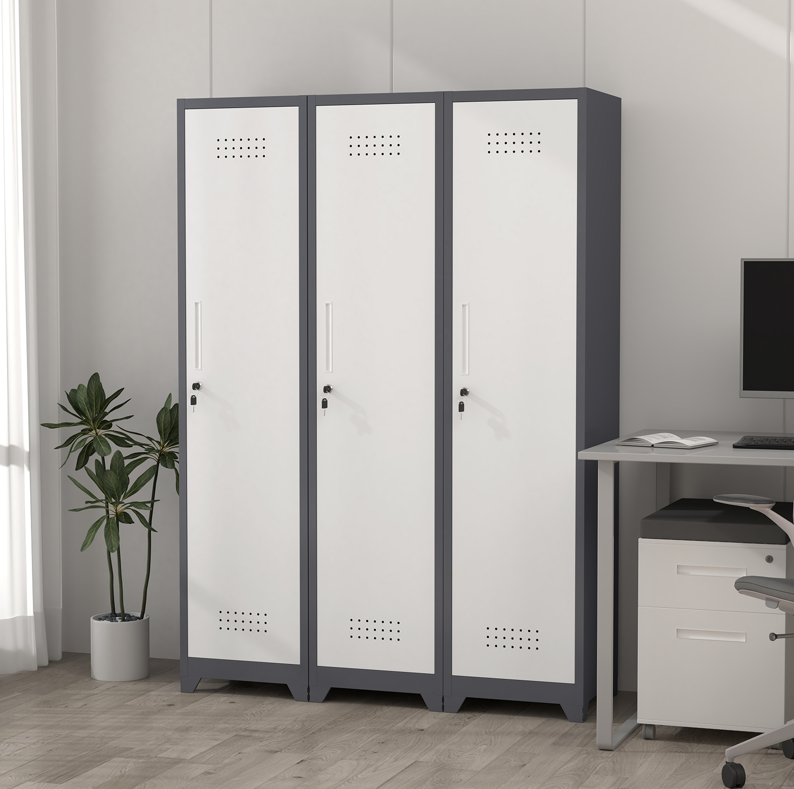 Putzschrank 15.75x15.75x64.96 Cm, Mit Verstellbaren Stangen, Vier Fächern Und Lüftungsplatten, Metall, Grau