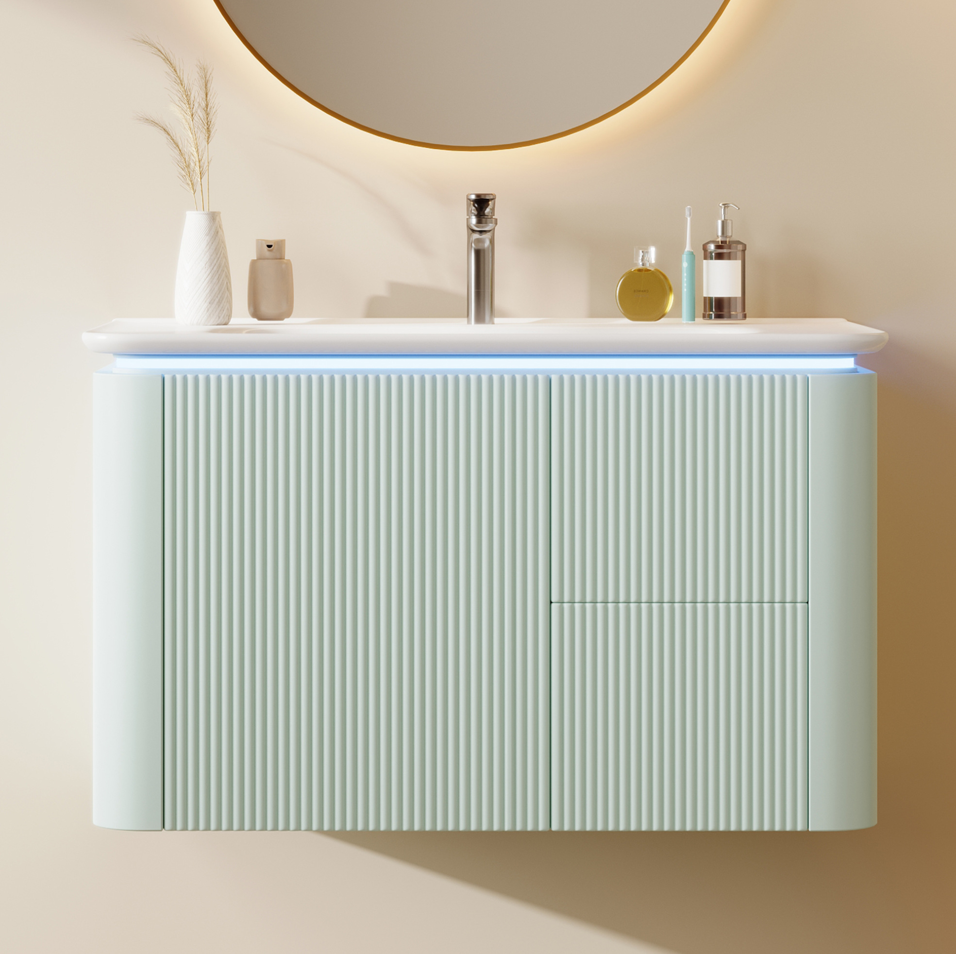 Wandhängender Waschtischunterschrank (80.5x47.05x51 Cm), Vertikale 3d-struktur, Led-sensorlicht, Mdf, Keramik, Grün