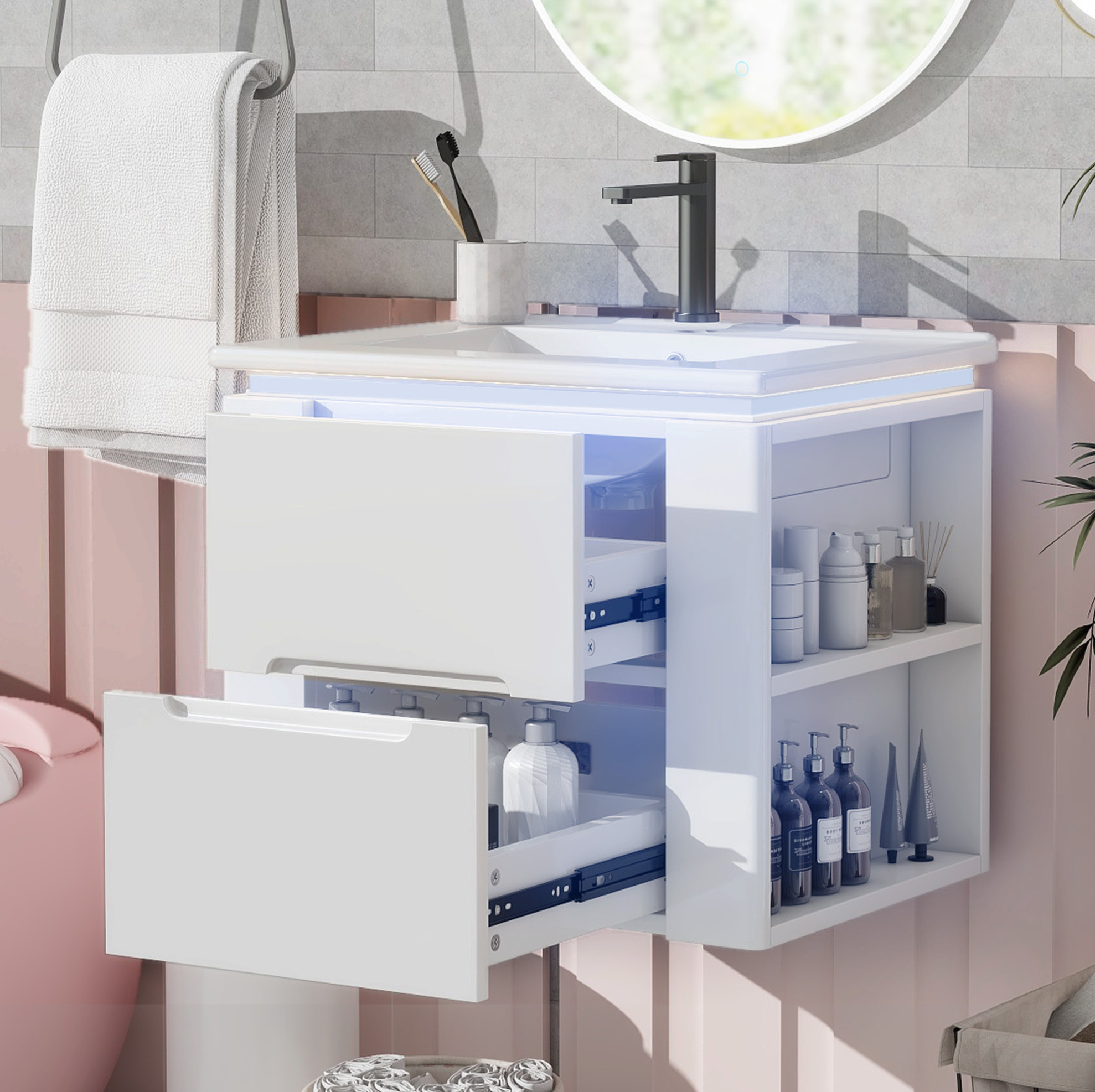 Badezimmerschrank 60x46x48.5 Cm, Mit Waschbecken, Radarsensor Licht, Zwei Schubladen, Mdf Und Keramik, Weiß