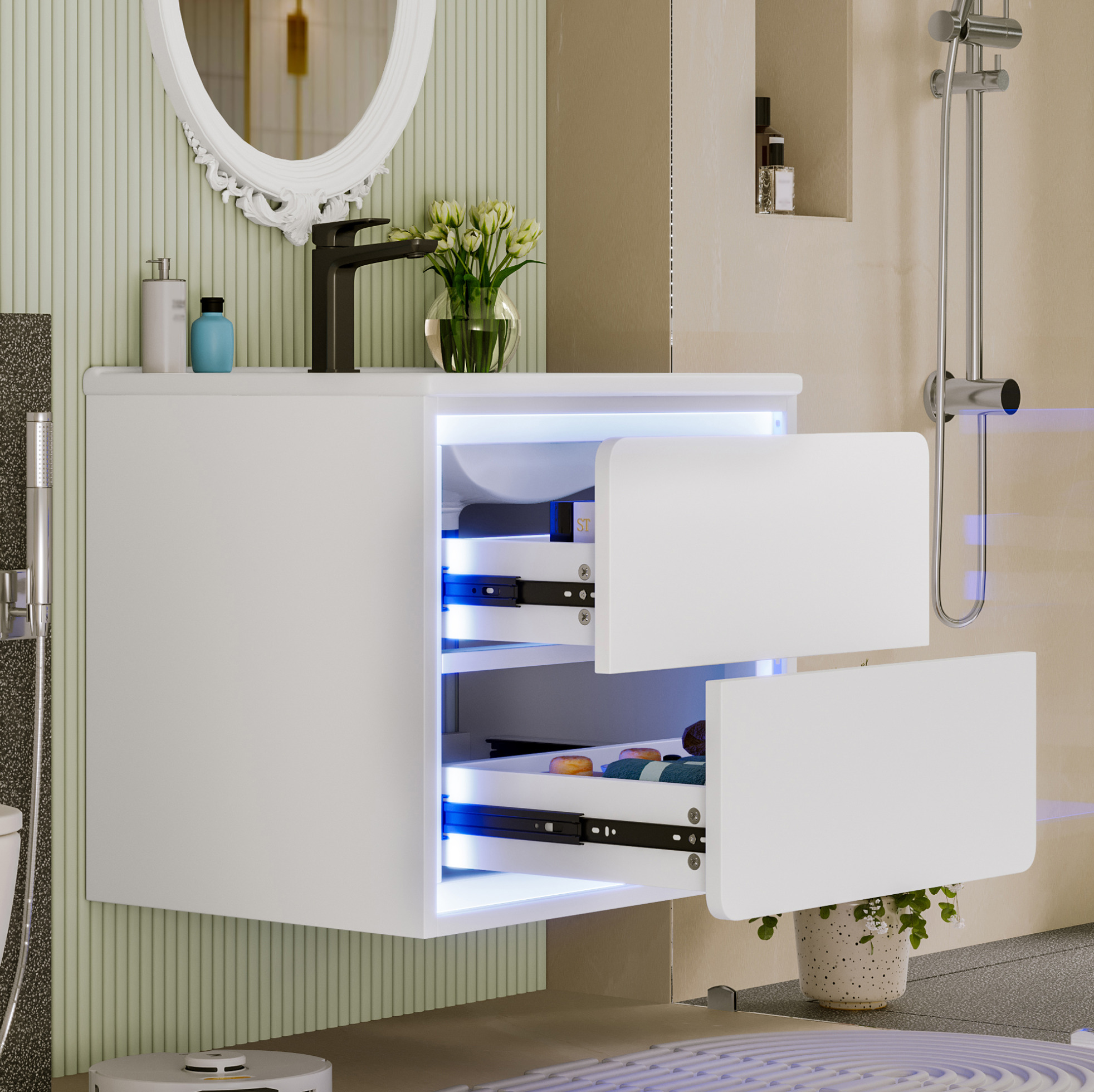 Badezimmerschrank 60x46x50 Cm, Mit Led-radarsensorbeleuchtung, Zwei Schubladen, Keramik, Weiß