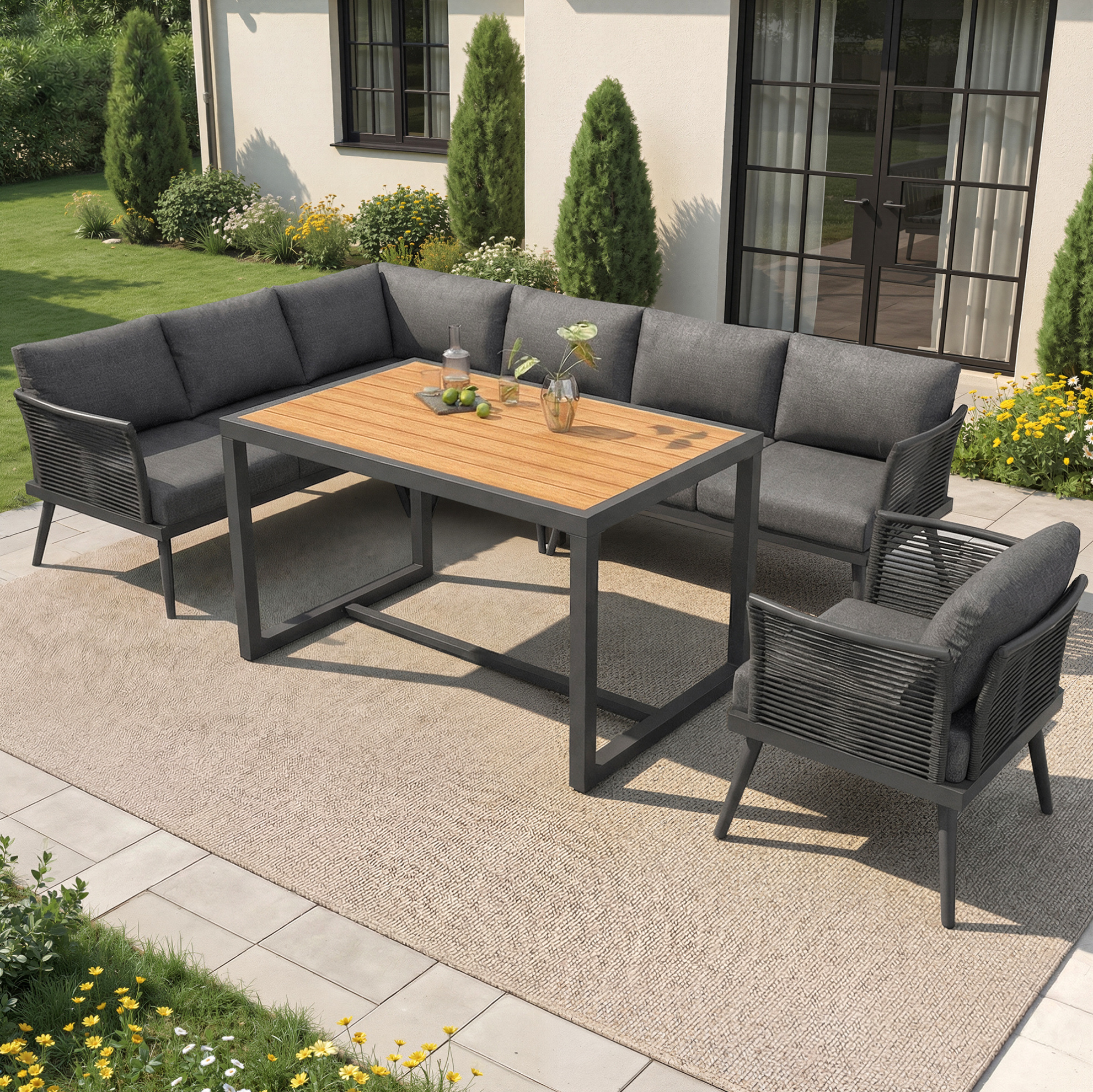 Garten Loungeset (237 X 65 X 79 Cm), Für Bis Zu 7 Personen, Mit Couchtisch, Eisen, Grau