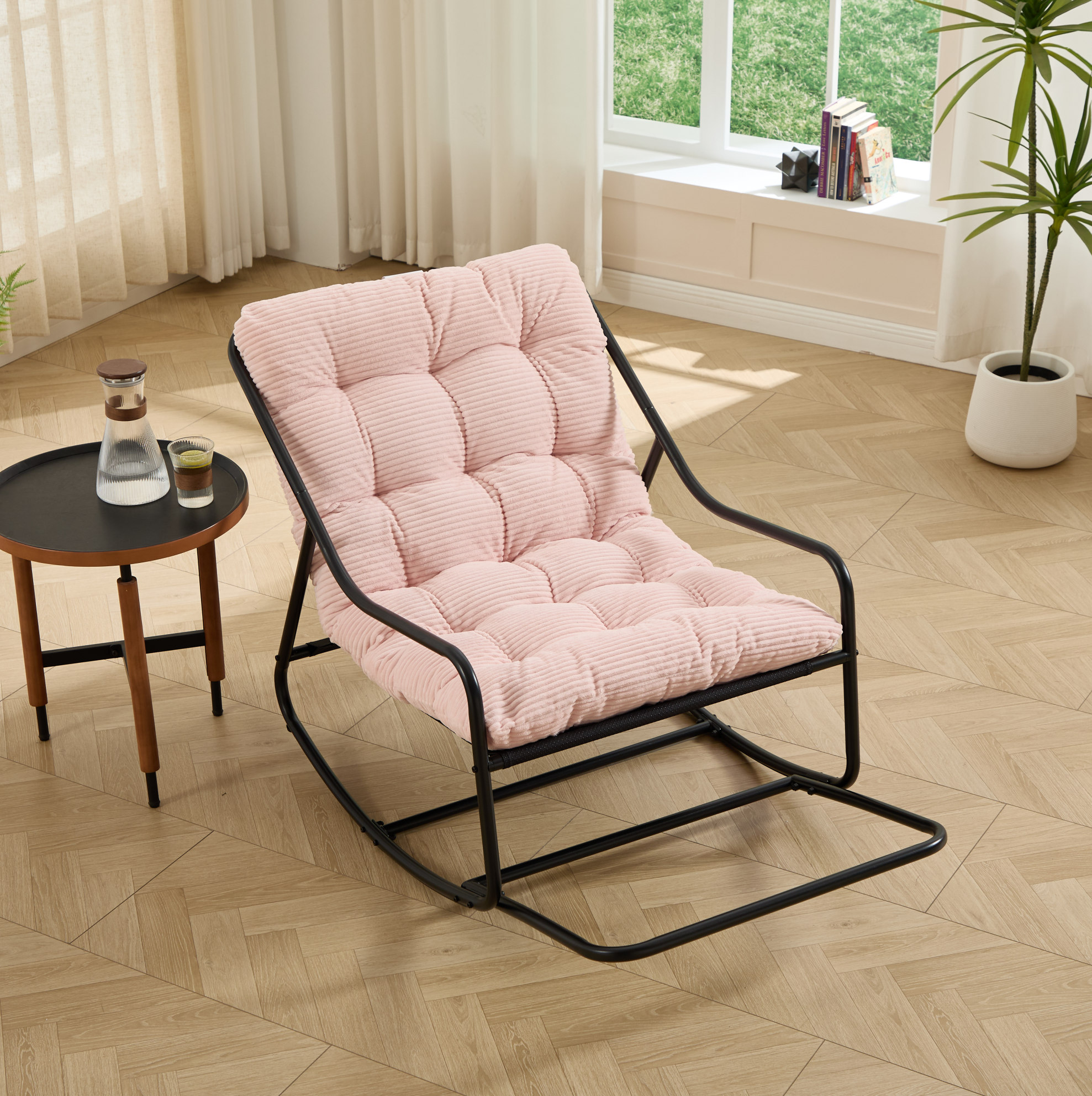 Schaukelstuhl Mit Dickem Kissen, Verstellbarem Schwingbereich, Stahl, Pink