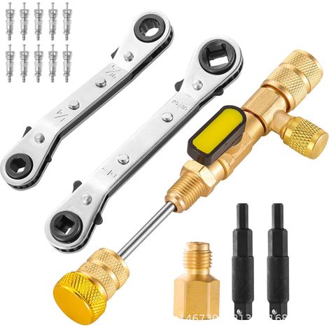 Einbauwerkzeugsatz Für Ventileinsatzauszieher Mit Schraubenschlüssel, Sechskantbohrer Und Adapter Für Sae 1/4 Und 5/16 Anschlüsse.