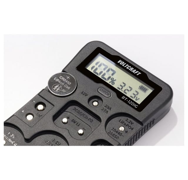 Voltcraft - Batterietester BT-12DIG Messbereich (Batterietester) 1,2 v, 1,5 v, 3 v, 3,7 v, 6 v, 9 v, 1