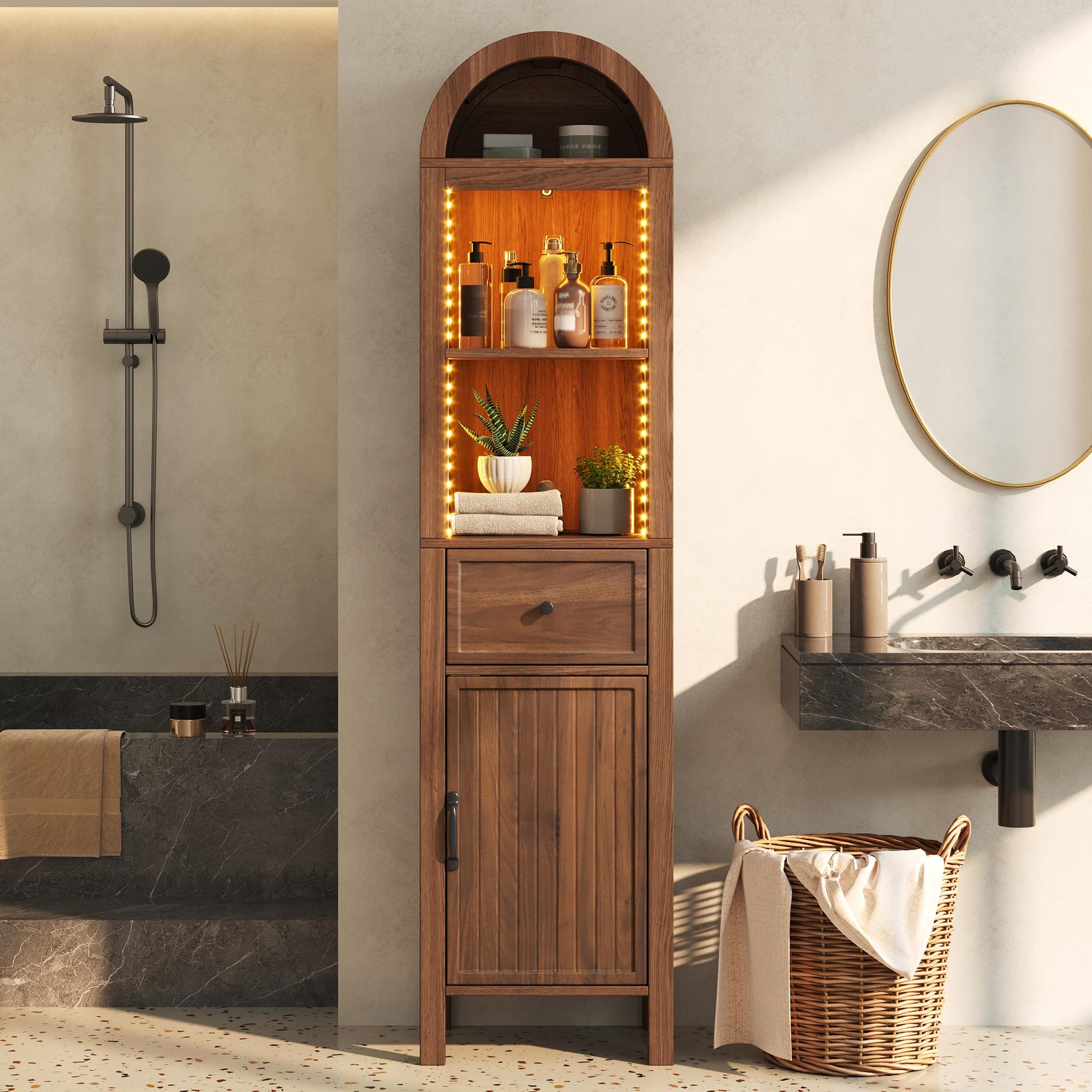 Badezimmer-hochschrank 40x30x163 Cm - Hocher Badschrank Mit App-gesteuerter Led-beleuchtung Wendbarer Tür Und Schublade - Moderner Stauraumschrank Aus Mdf - Walnussbraun