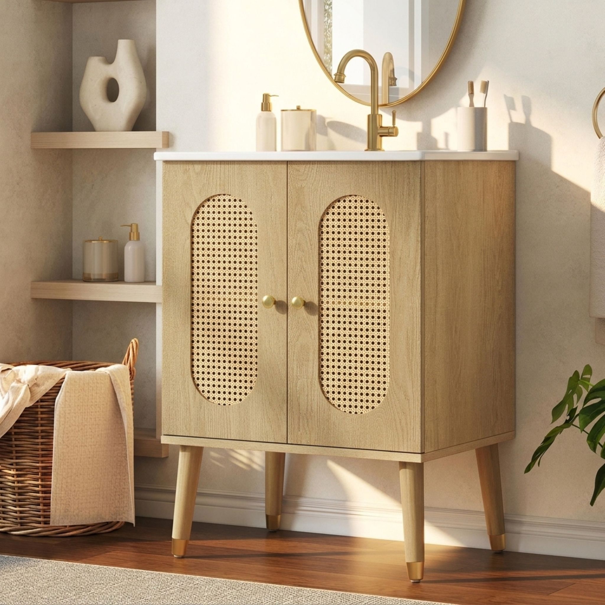 Badezimmerschrank Mit Waschbecken 61 Cm Freistehend - Waschtisch Mit Rattan-türen Keramik-becken Unterschrank Badmöbel - Naturholz Optik