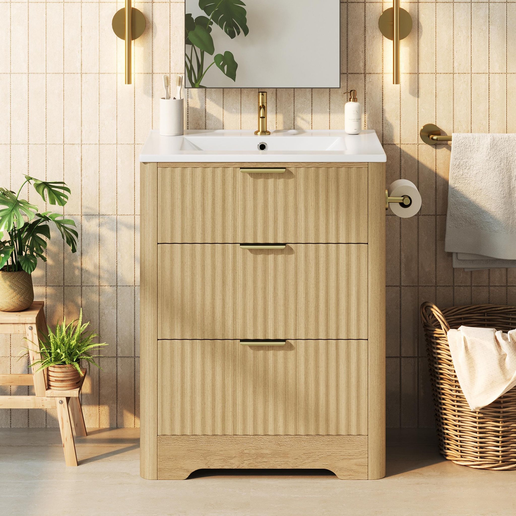 Waschtischunterschrank Mit Waschbecken 61x47x82 Cm Freistehend Für Badezimmer Gäste-wc Badmöbel Set Mdf Holzoptik Keramikbecken Schubladen Papierhalter Goldene Griffe Natur