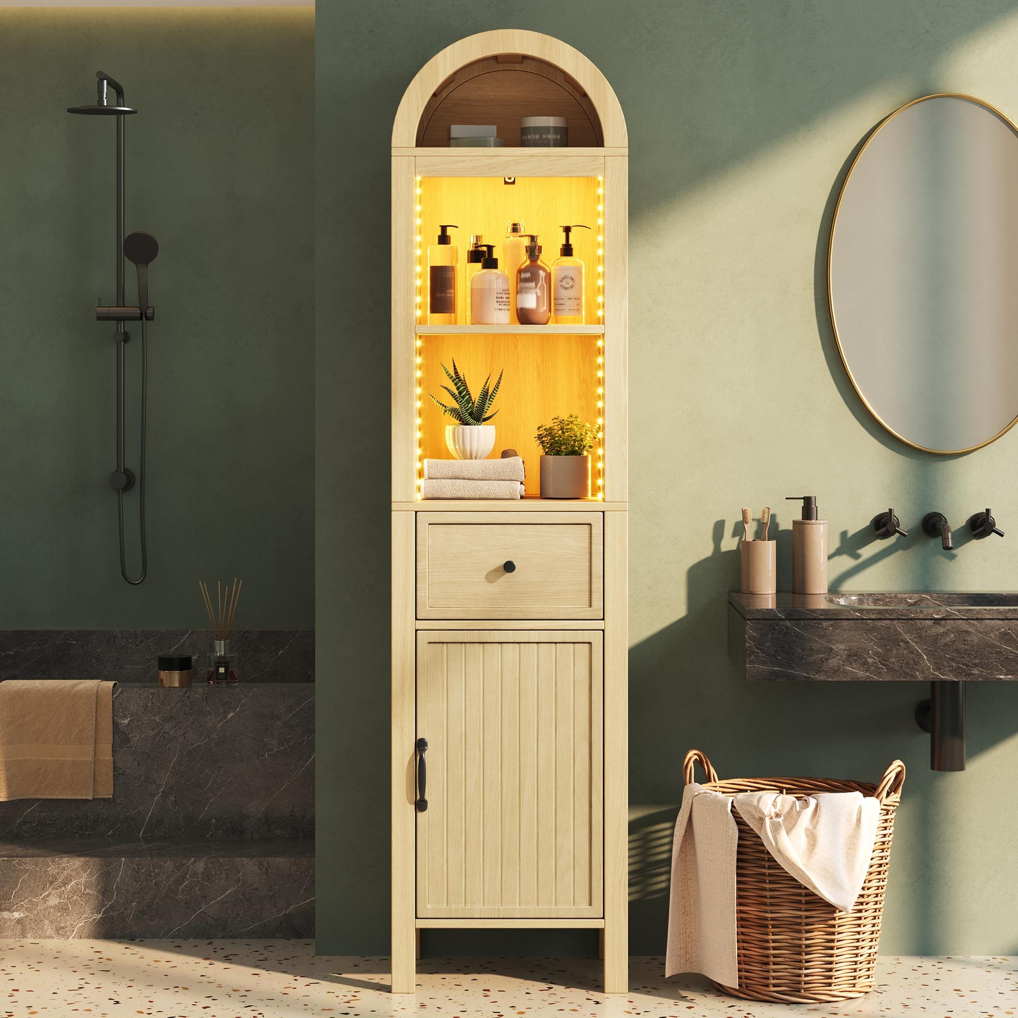 Badezimmer-hochschrank 40x30x163 Cm Freistehend Mit Led-beleuchtung Bogenförmige Oberseite Wendbare Tür Schublade Mdf - Naturholzfarben