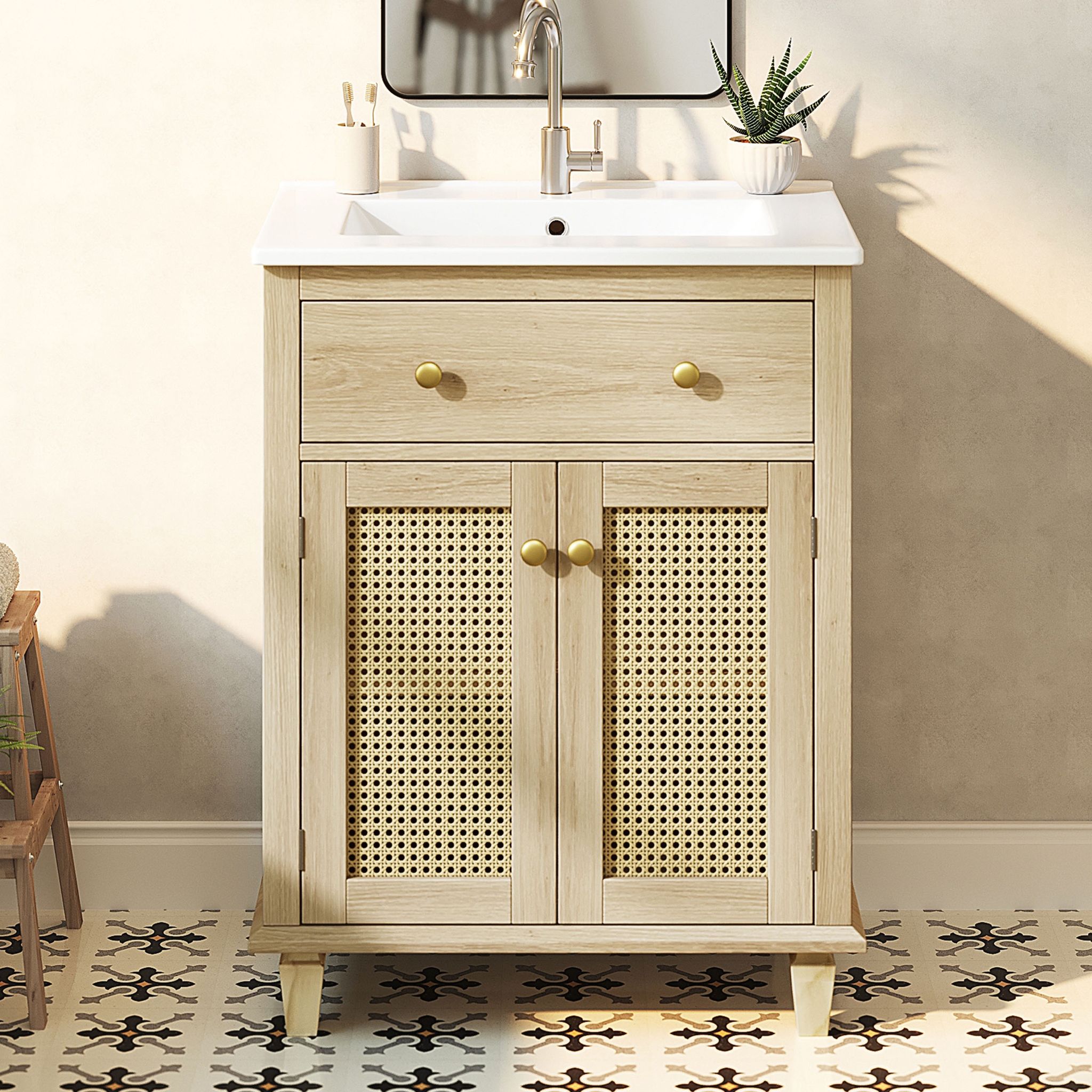Badezimmerschrank Mit Keramikwaschbecken 61x47x87cm - Waschtisch Mit Rattan-türen Höhenverstellbaren Einlegeböden Und Klappschublade Landhausstil - Naturholz