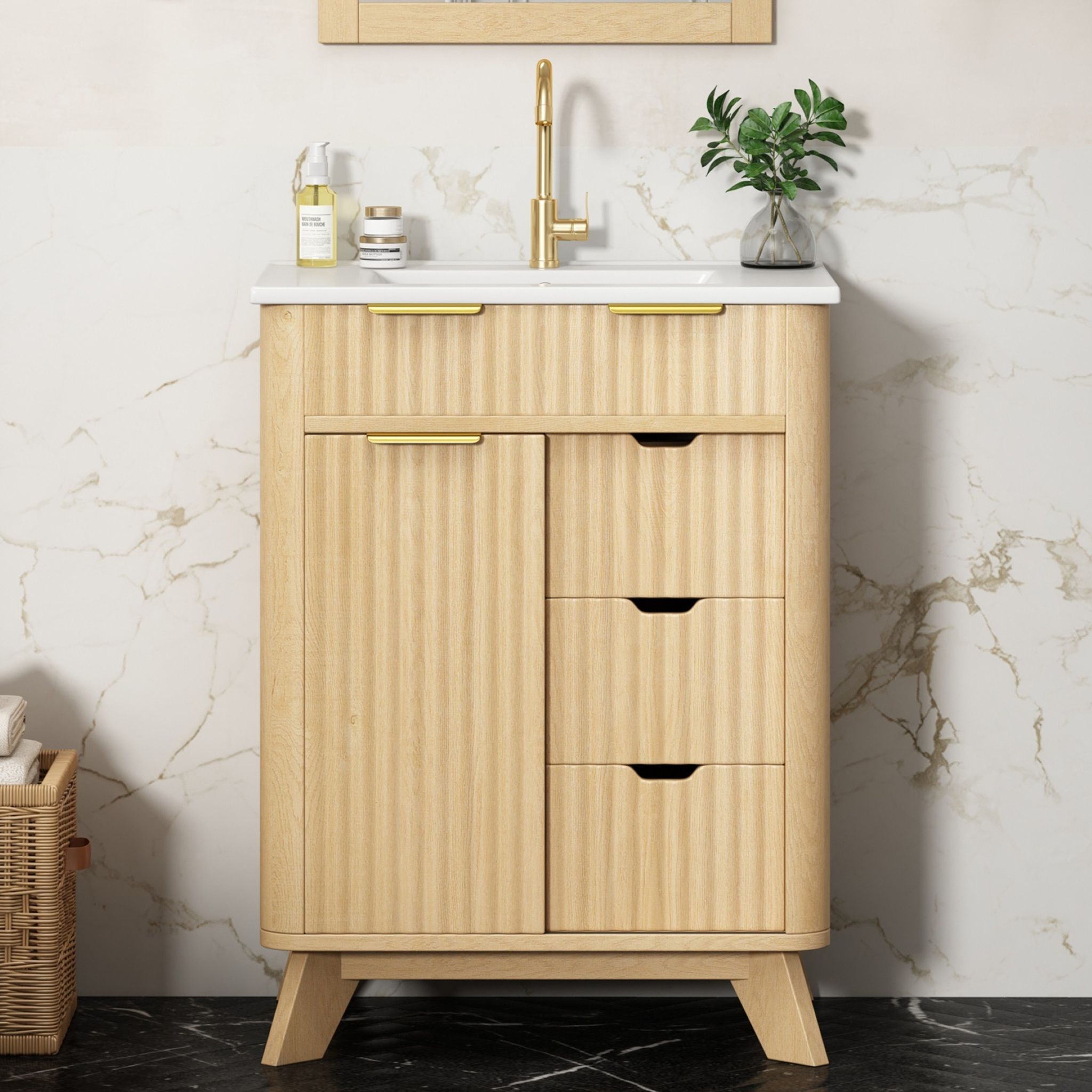 Waschtisch Mit Keramikwaschbecken Stehend - 61x47x90 Cm Badezimmerschrank Mdf Mit Schiebetür Wellenoptik Und 3 Schubladen - Naturholz