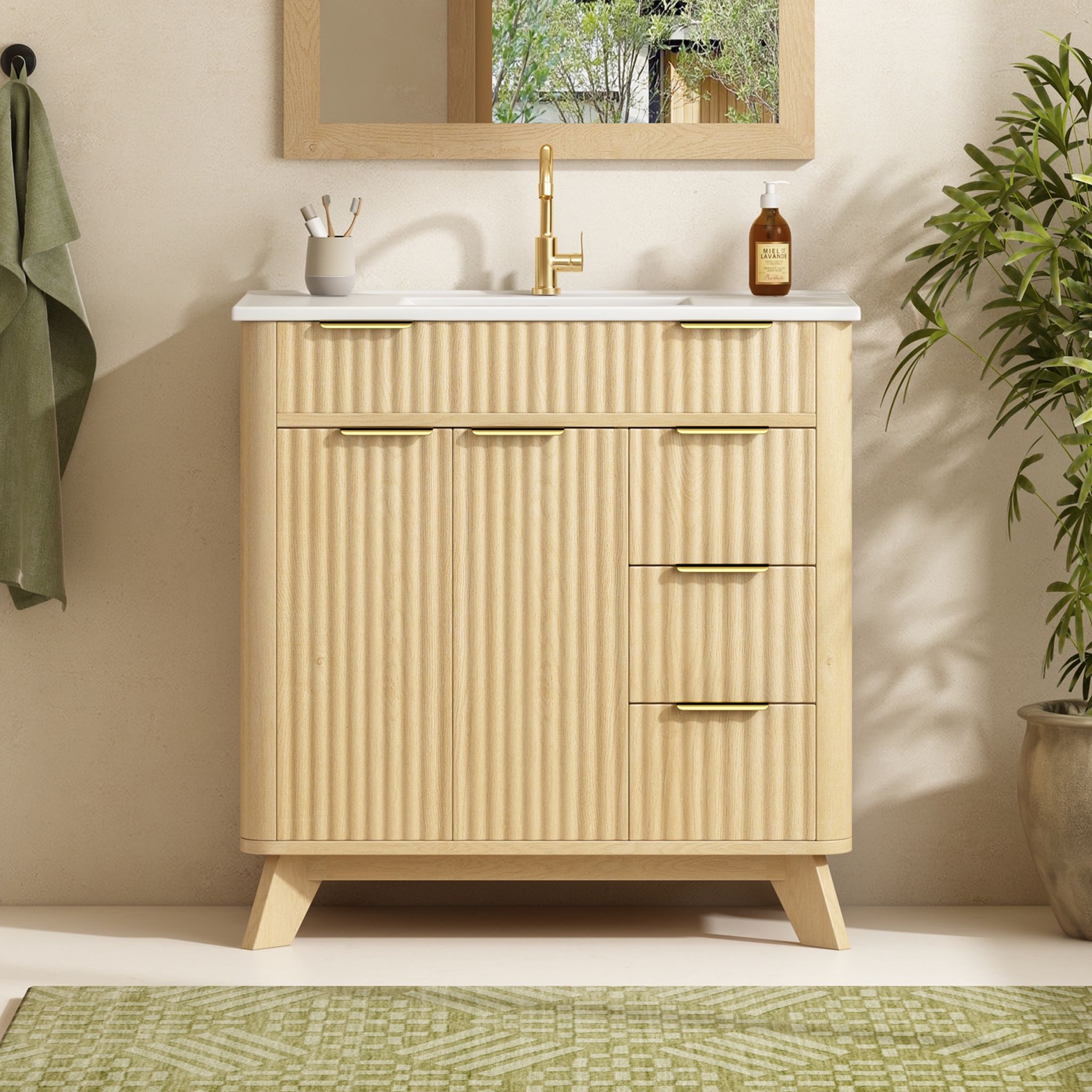 Waschbeckenunterschrank 81 Cm - Badezimmerschrank Stehend Mit Keramikwaschbecken Wellenoptik 3 Schubladen - Mdf Und Holz - Naturholz