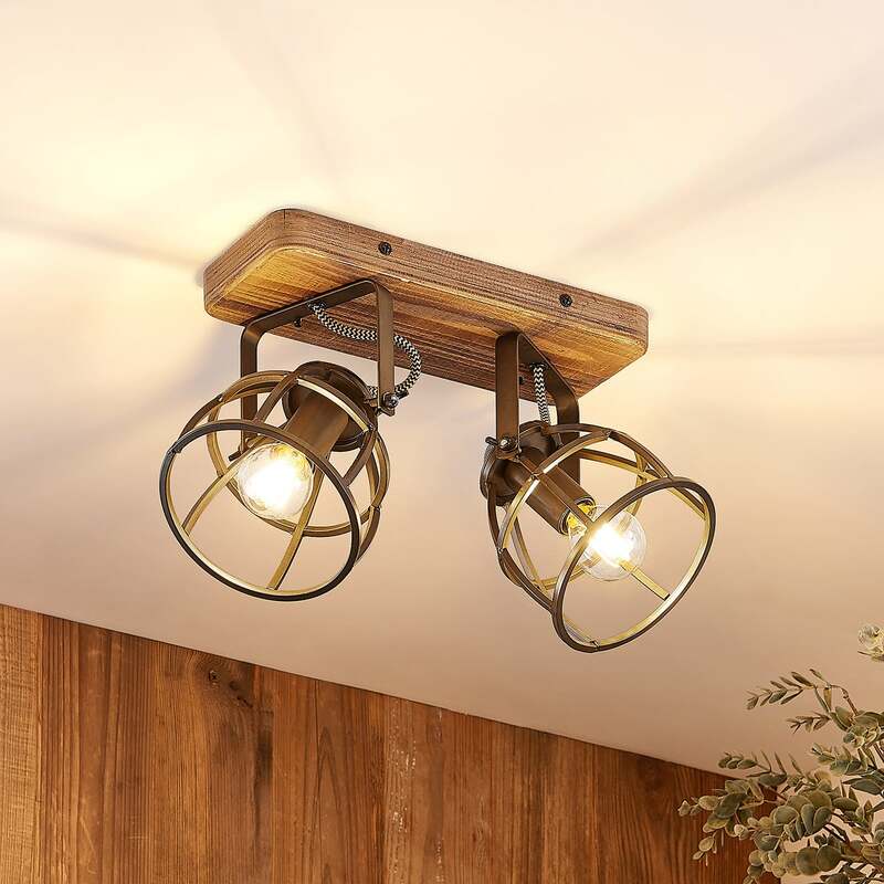 [neuwertig] B-ware Lindby Deckenstrahler Rutger Led Strahler Holz Dimmbar Schwarz 2-flammig 36cm