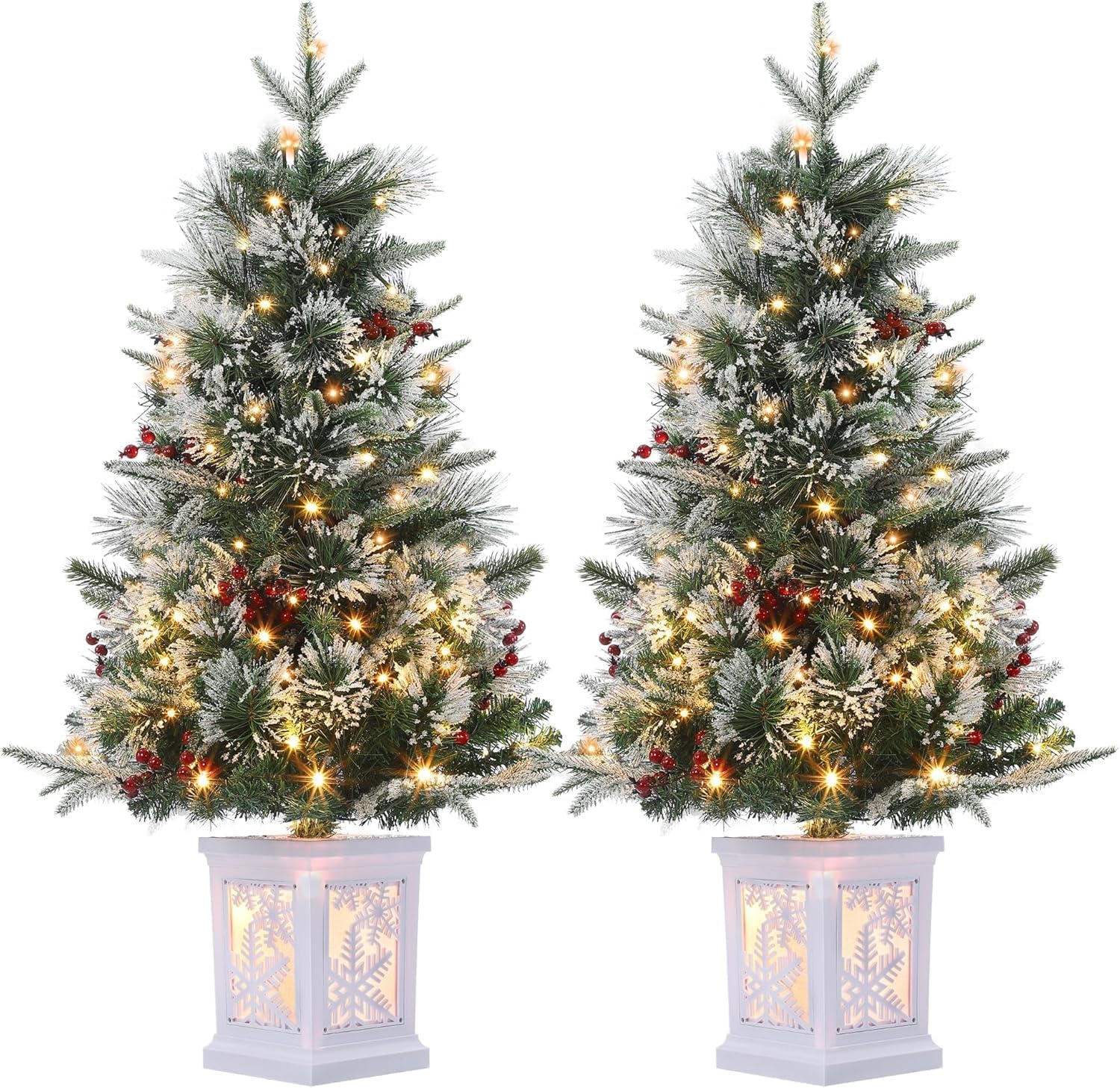 2er Set Weihnachtsbaum 90 Cm Beflockt, 78 Leds, Batteriebetrieben, Rote Beeren & Schnee-optik, Vorbeleuchtet, Christbaum Für Zuhause