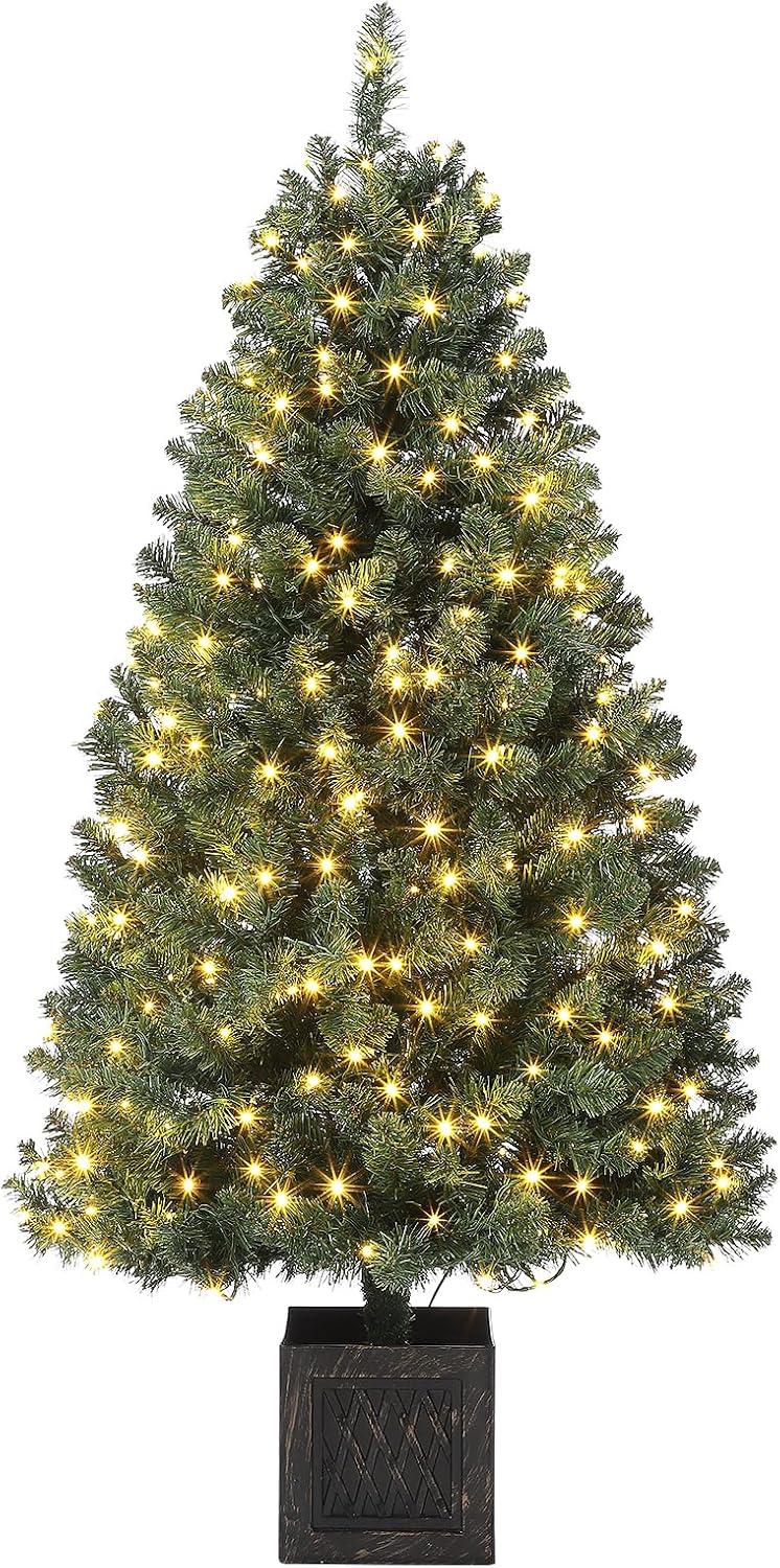 Künstlicher Weihnachtsbaum 140 Cm Mit 300 Leds, Batteriebetrieben, 8 Modi, Stabiles Metallgestell, Tannenbaum Für Büro & Party, Grün
