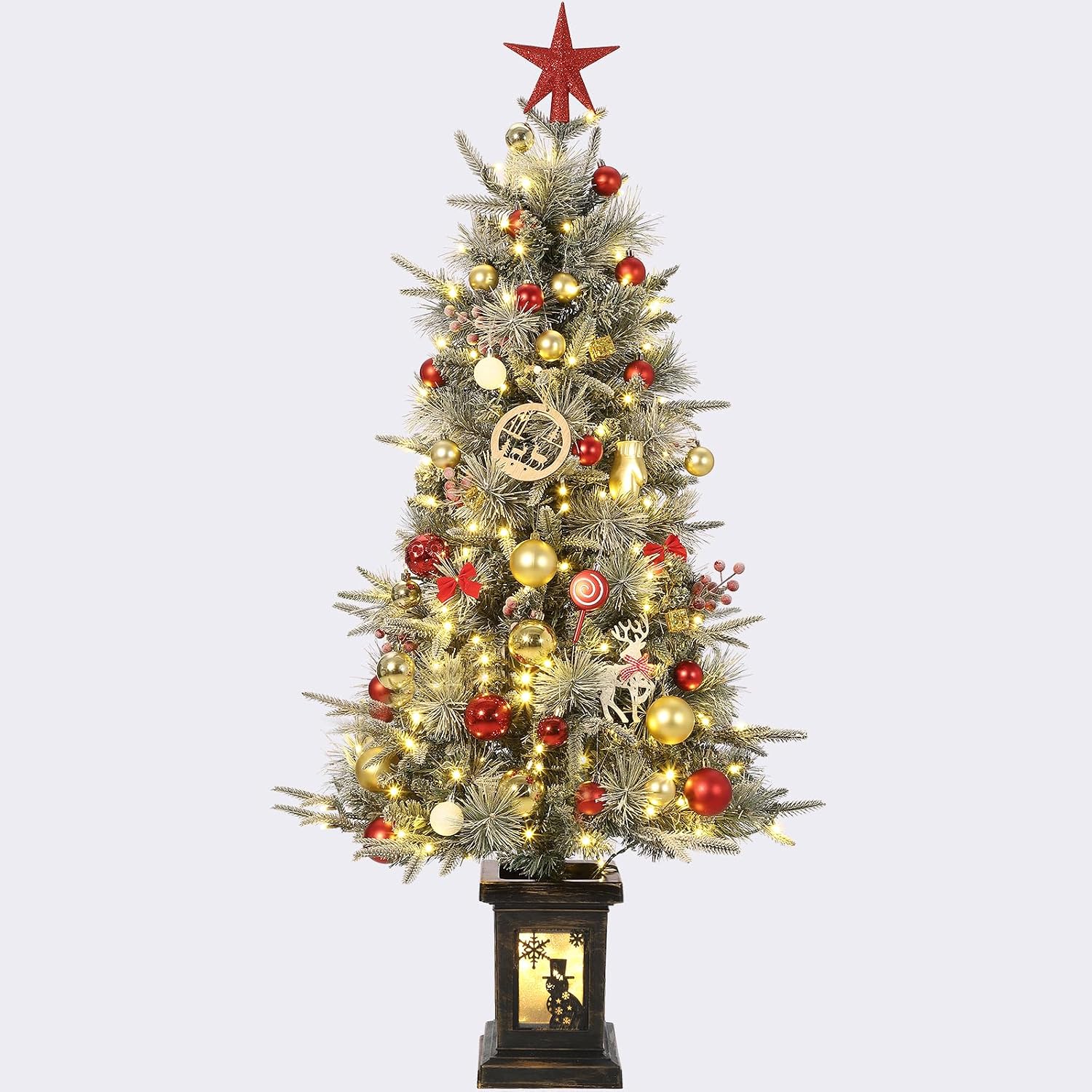 Künstlicher Weihnachtsbaum 125 Cm Mit 150 Leds (warmweiß & Bunt), Schneebedeckt, 9 Lichtmodi, Retro-schneemann-leuchtbasis, Pvc