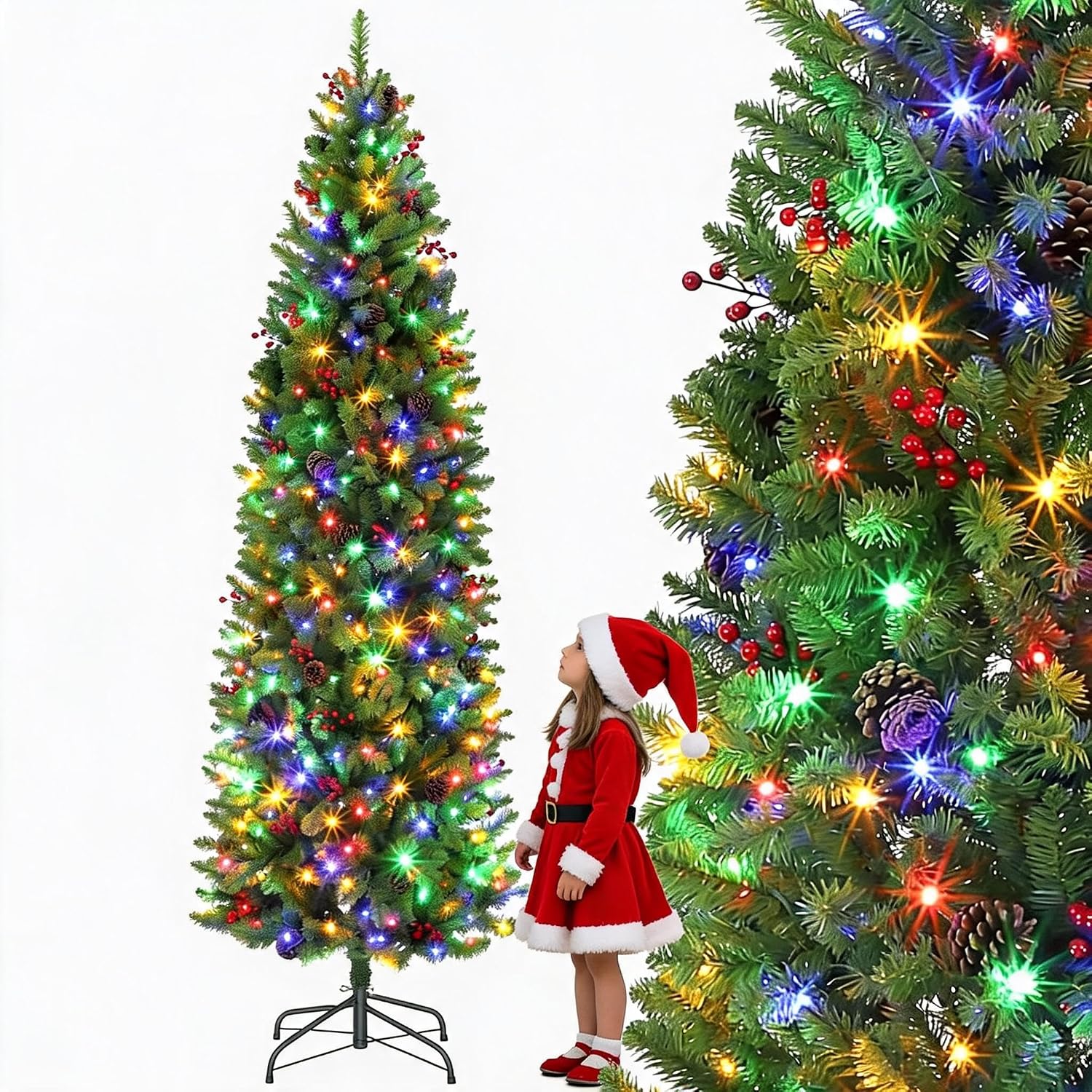 Künstlicher Weihnachtsbaum 230 Cm (7,5ft) Mit 350 Leds (warmweiß/bunt), 9 Modi, 880 Pvc-spitzen, Faltbarer Metallständer, Grün