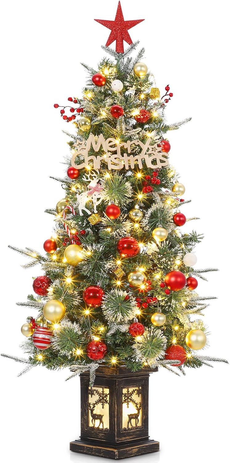Künstlicher Weihnachtsbaum 125 Cm (4ft) Mit 150 Leds, 9 Modi (warmweiß/bunt), Pvc-spitzen, Dekorativer Topf Mit Elch-motiv, Beleuchtet