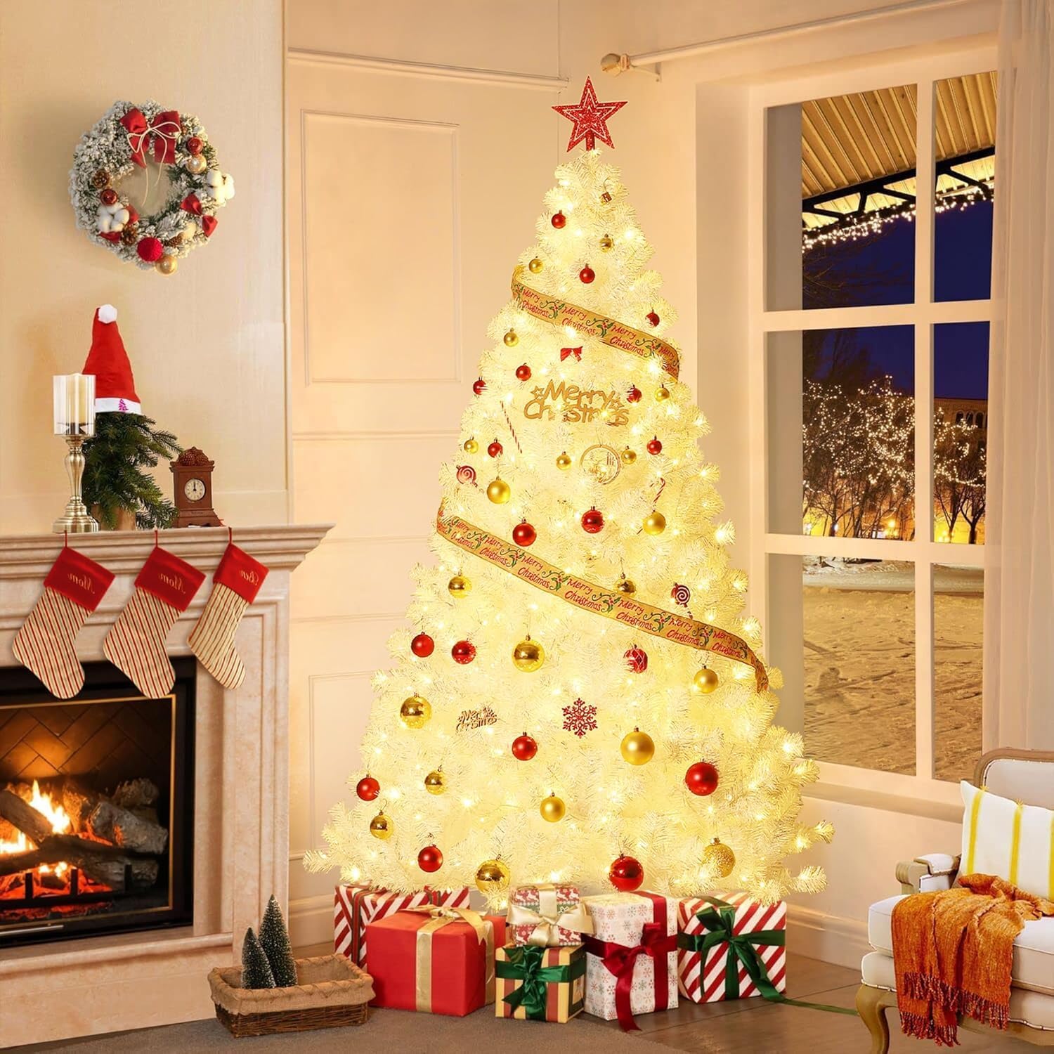 Künstlicher Weihnachtsbaum Weiß 225 Cm Mit 450 Leds, Pe/pvc Materialmix, Simulierter Christbaum Für Moderne Dekoration, Metallständer