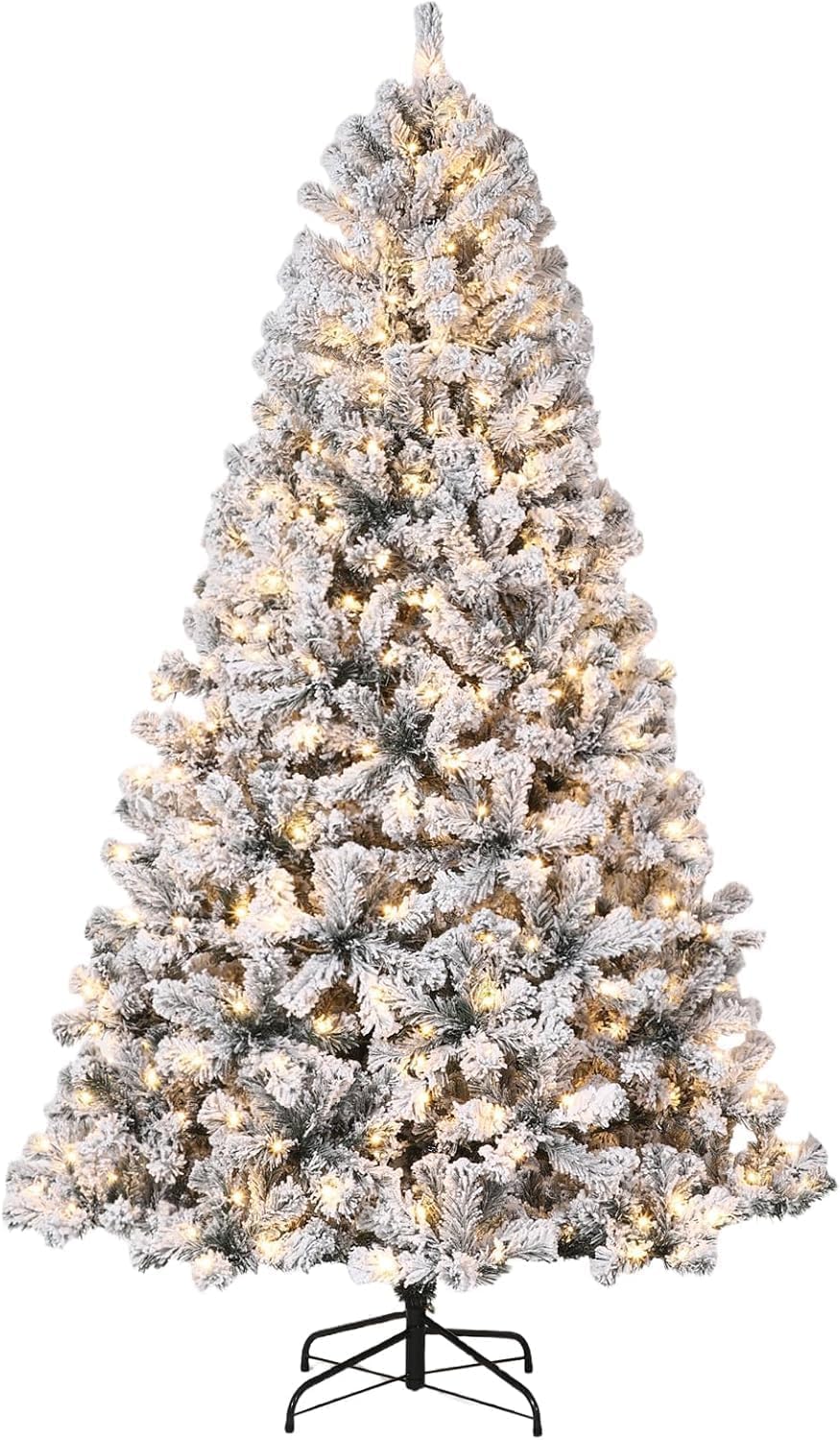 Beflockter Weihnachtsbaum 237 Cm (7,5ft) Mit Beleuchtung, Aufklappbarer Kunstbaum, 340 Spitzen, Faltbarer Metallständer, Weißer Schnee-look