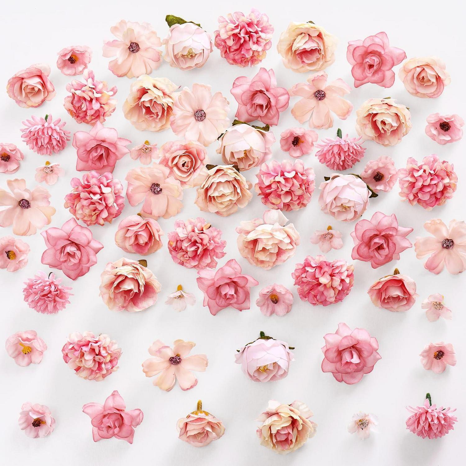 100 Stück Kunstblumen Zum Basteln, 9 Typen, Mini Blumenköpfe 2-4.8cm, Rosa