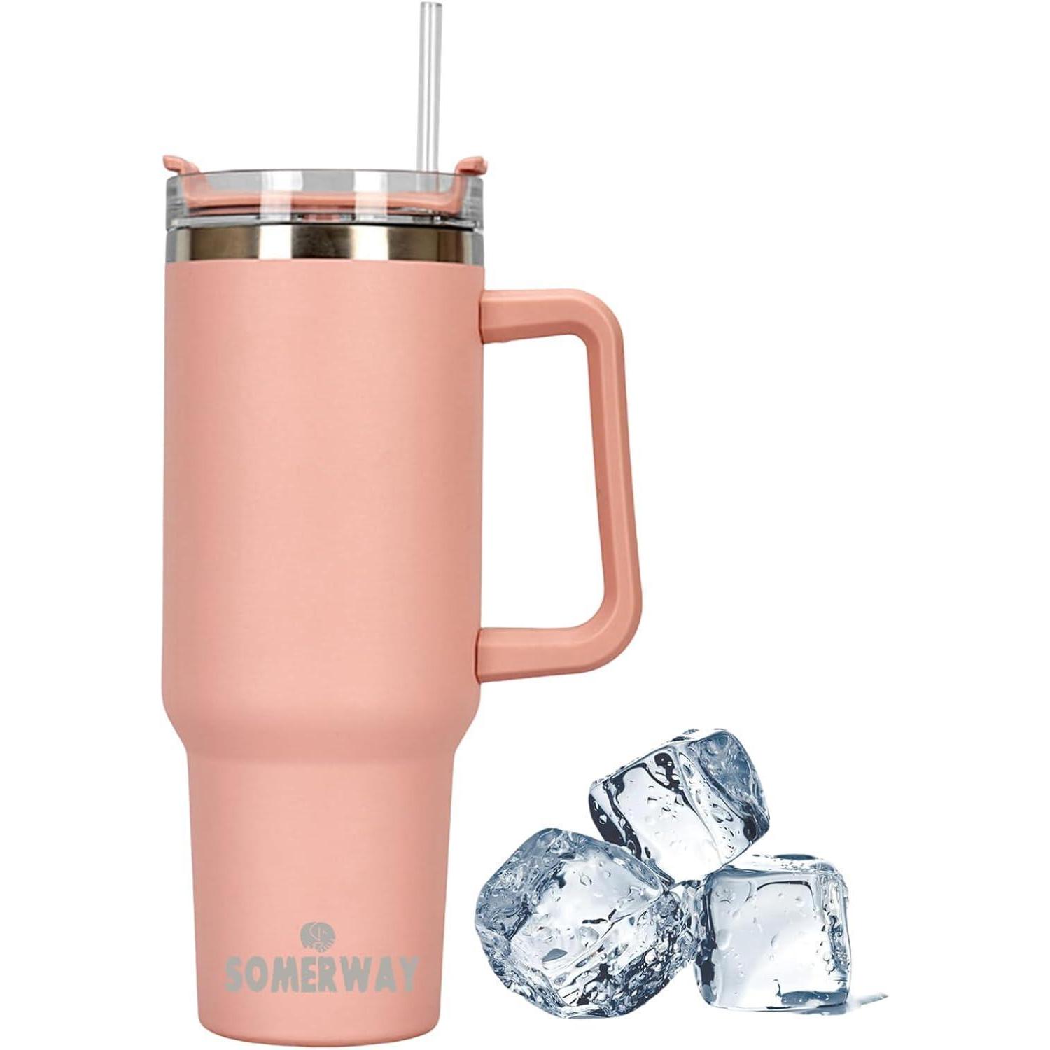 Kaffeebecher To Go 1182ml, Doppelwandig, Edelstahl, Mit Griff & Strohhalm, Pink