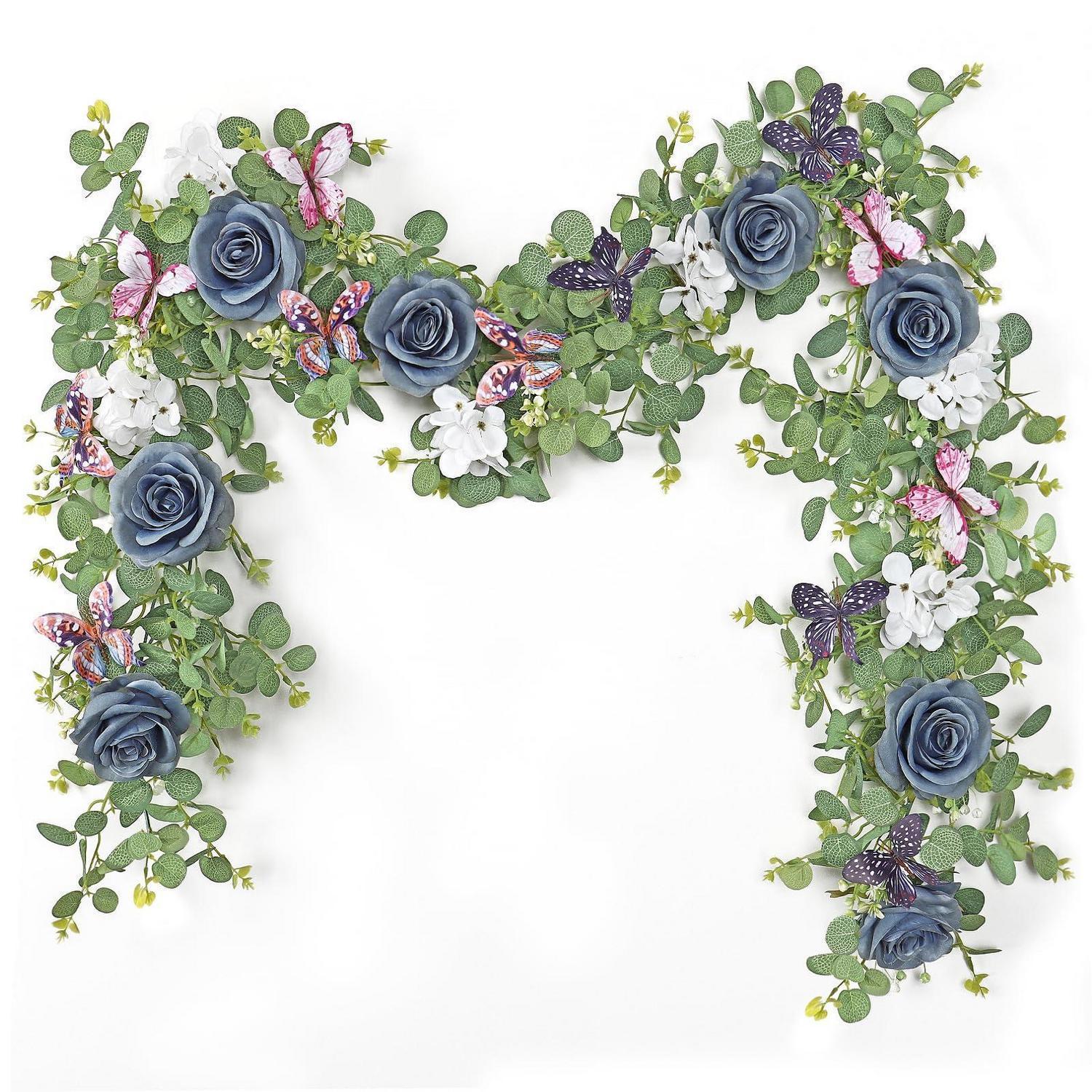 2er Set Künstliche Eukalyptus Girlande Mit Rosen & Schmetterlingen 1,8m Blau