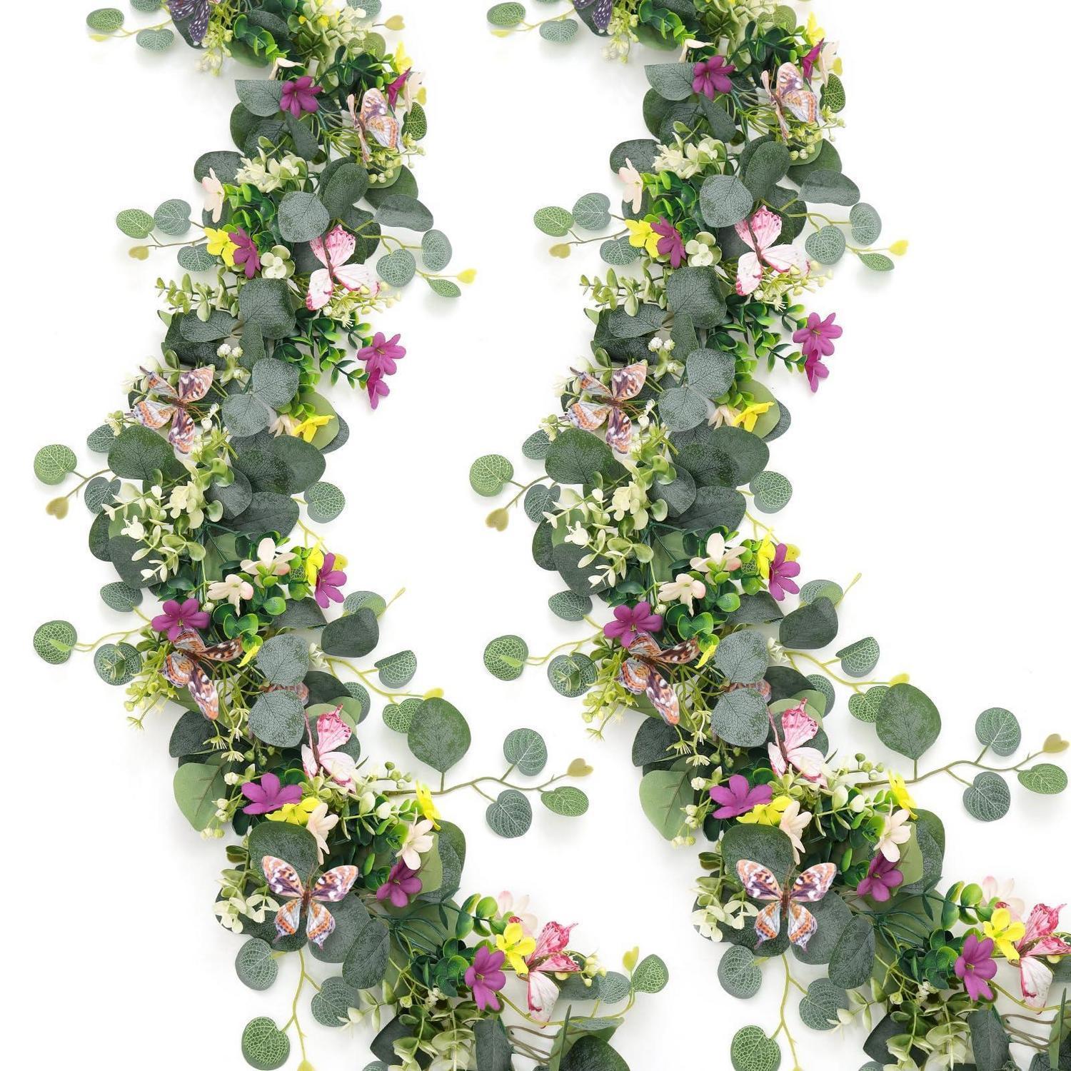 2er Set Künstliche Eukalyptus Girlande Mit Schmetterlingen Und Blumen