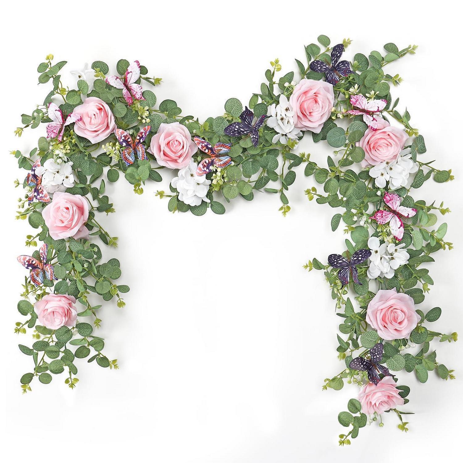2x Künstliche Blumengirlande 1,8m Rosa Eukalyptus Mit Schmetterlingen Für Deko