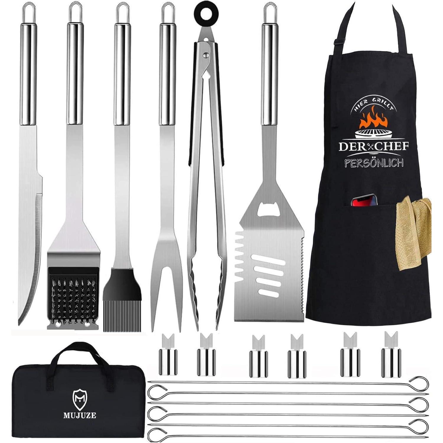 20-teiliges Grillbesteck Set Edelstahl Mit Schürze Und Koffer