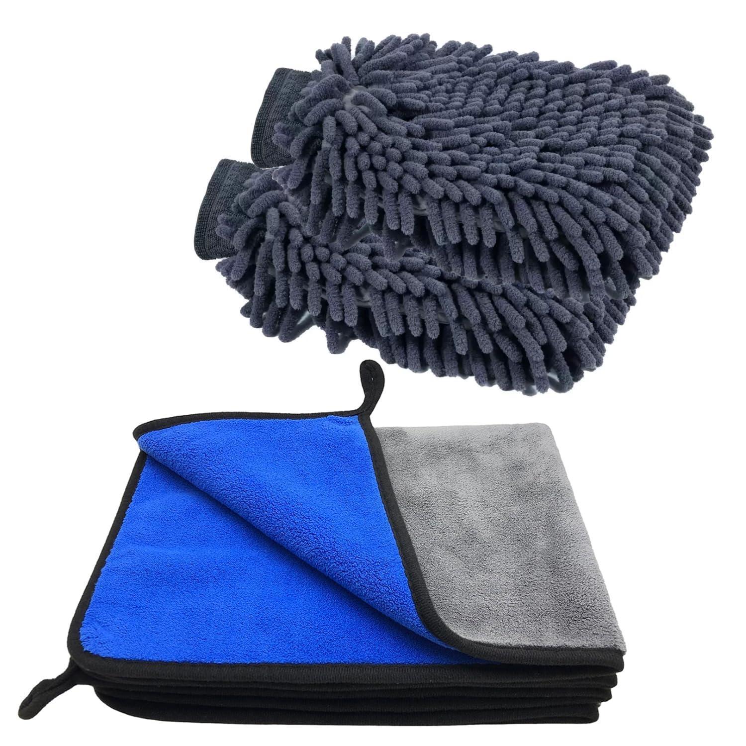 3er Mikrofasertücher & 2 Waschhandschuhe Autopflege Set 600gsm Grau+blau