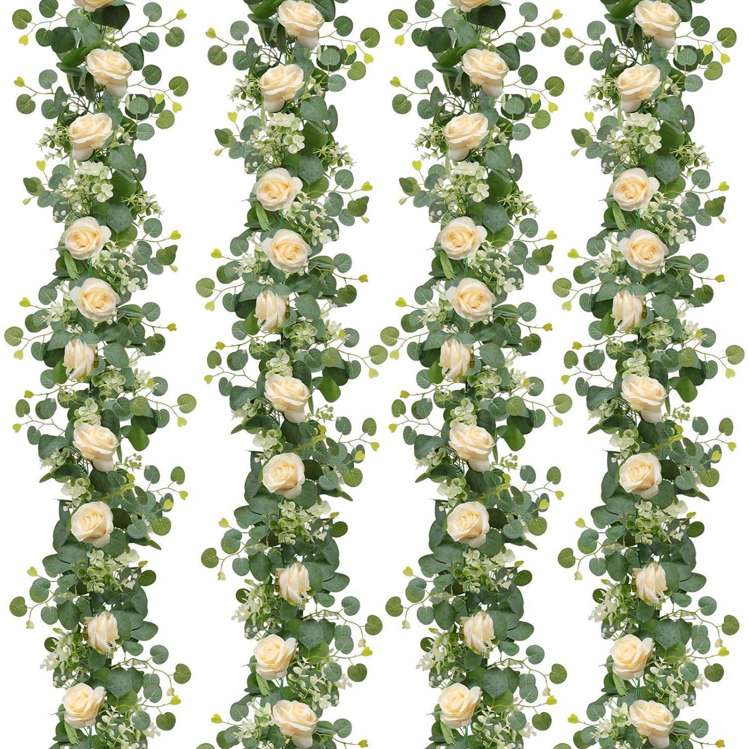 Künstliche Blumengirlande 4 Stück Champagner Rosen Eukalyptus 180cm Deko