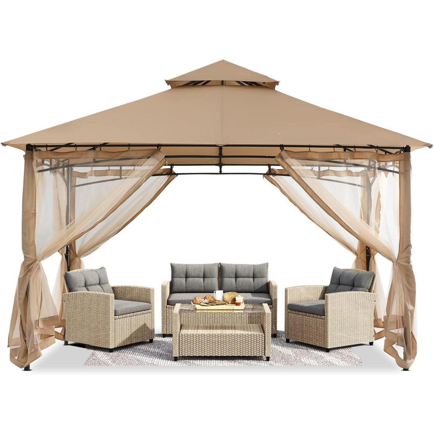 Gartenpavillon 2,4x2,4m Mit Netz Und Doppeldach, Beige