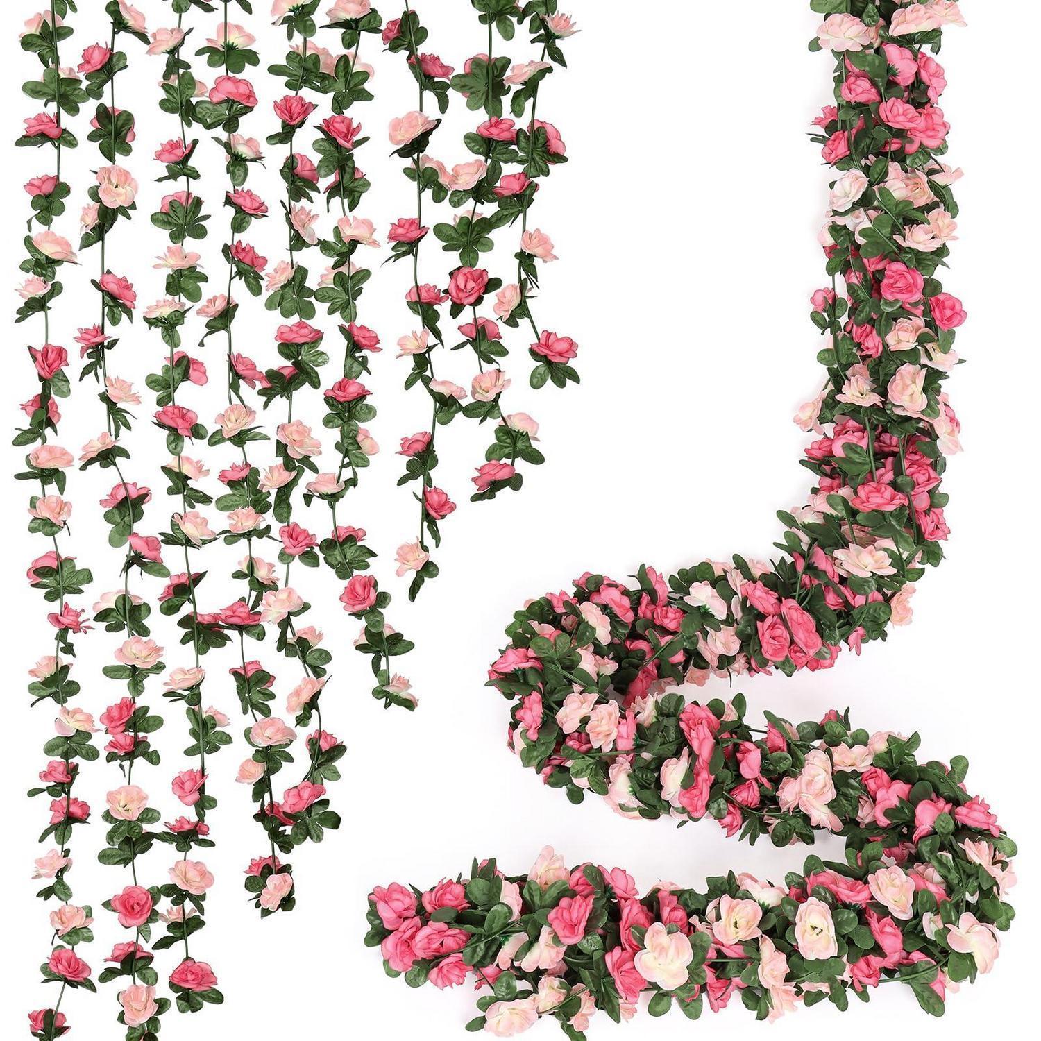 9x Künstliche Rosengirlande 2,4m Rosa Mit Eukalyptus, Wetterfest Für Deko