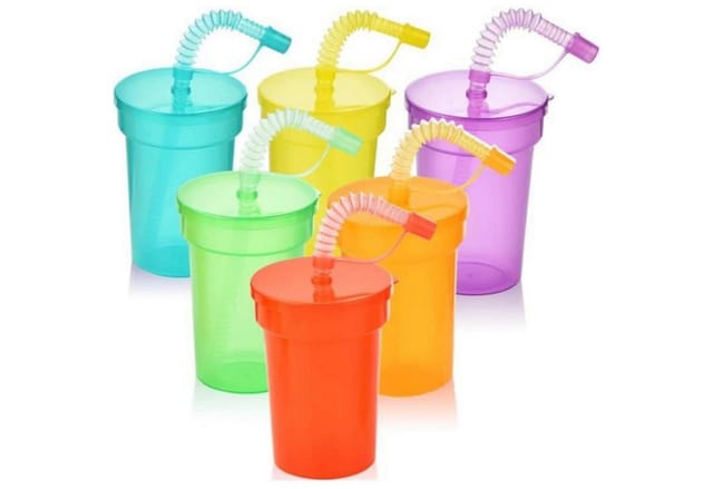6er Set Partybecher Mit Deckel Und Trinkhalm, Neonfarben, 380ml