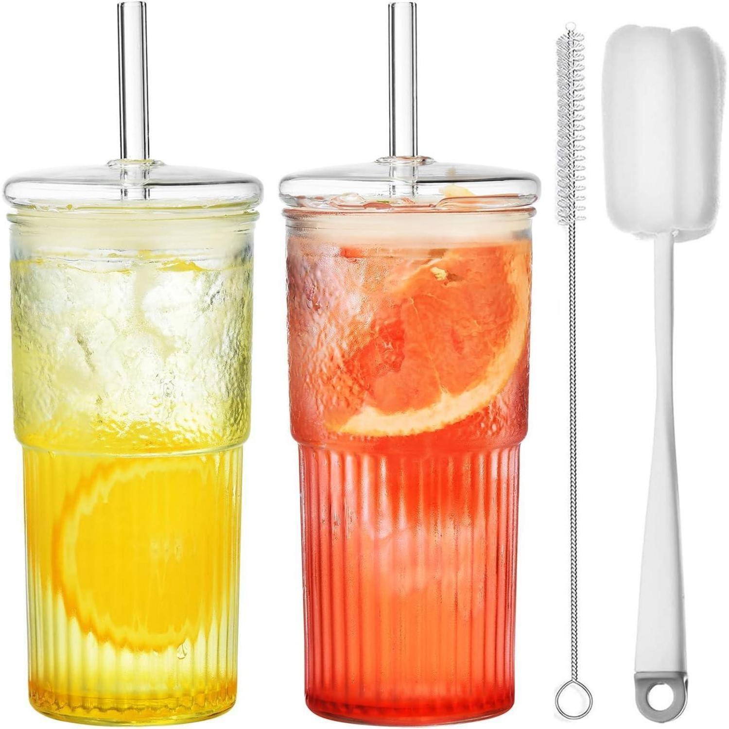 Glasbecher 570ml Mit Deckel & Strohhalm, 2er Set, Borosilikatglas