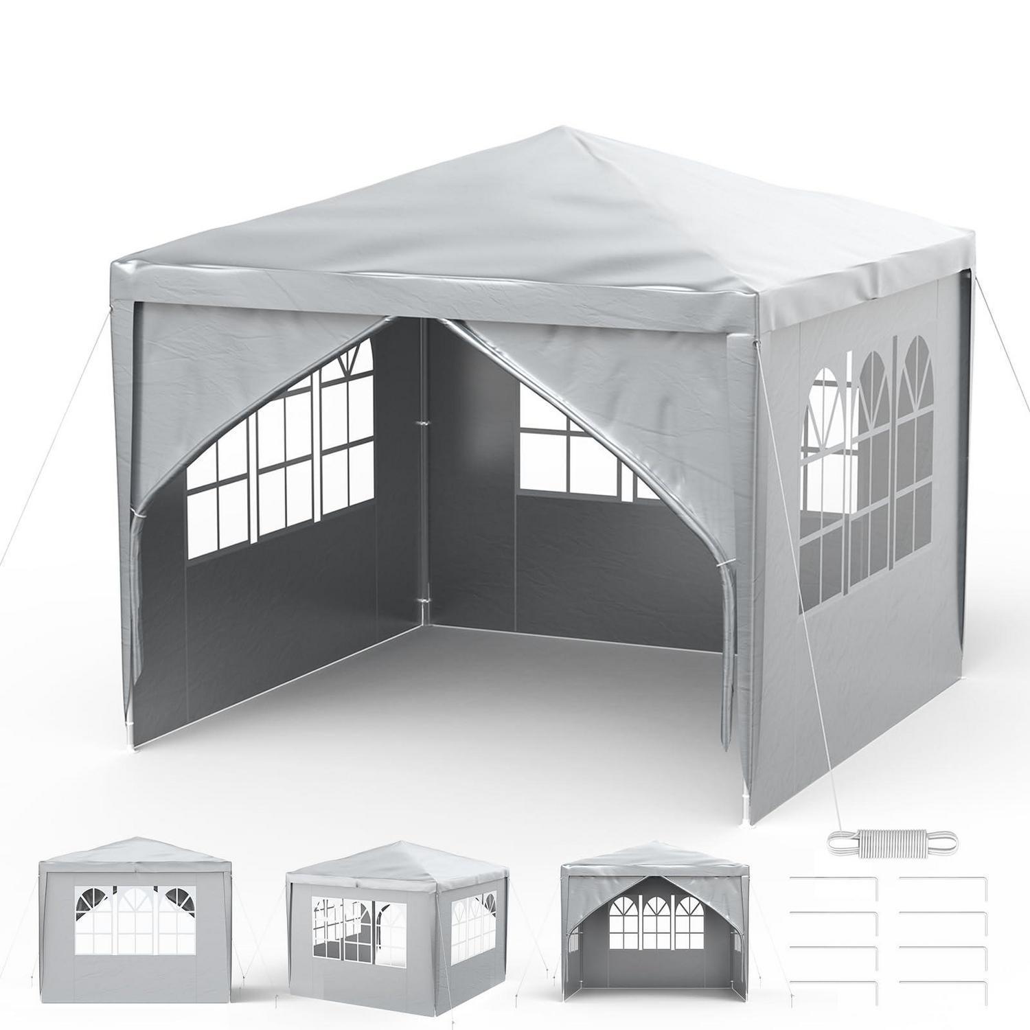 Faltpavillon 3x3m Grau Wasserdicht Mit 4 Seitenwänden Und Fenstern