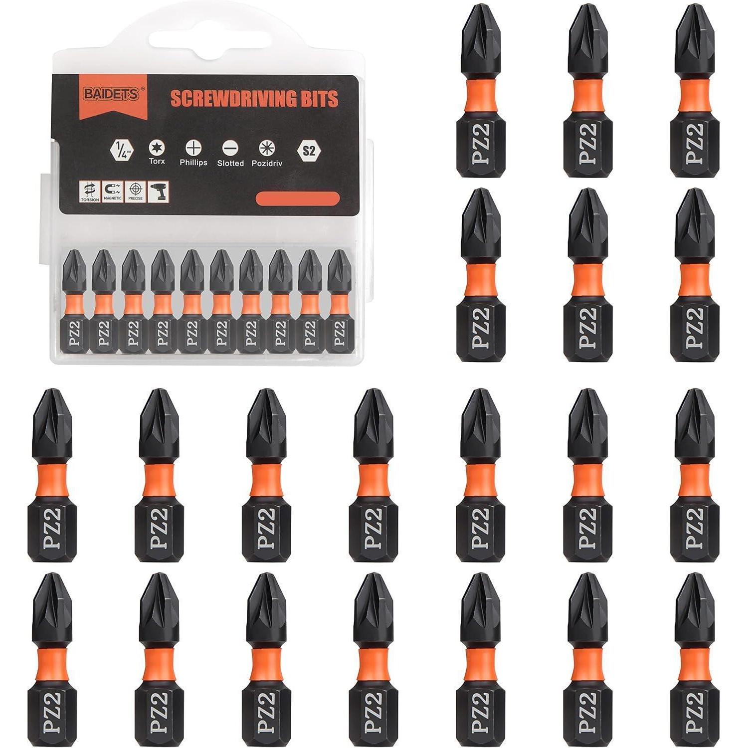 Schraubendreher Bits Pz2 25mm, 20 Stück, 1/4" Sechskant, Mit Spender-box