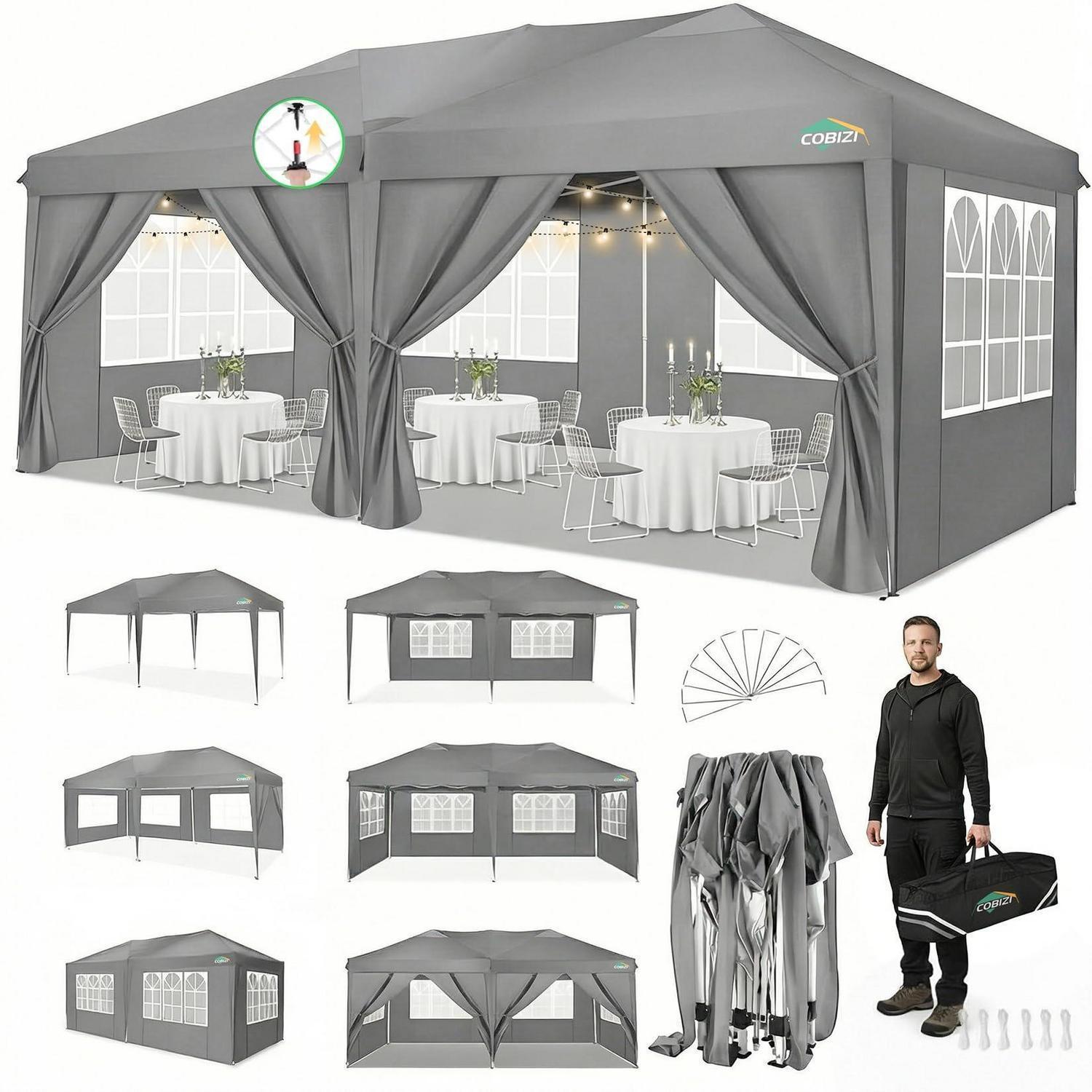 Faltpavillon 3x6m Grau Mit 6 Seitenwänden, Wasserdicht, Uv-schutz, Stabil
