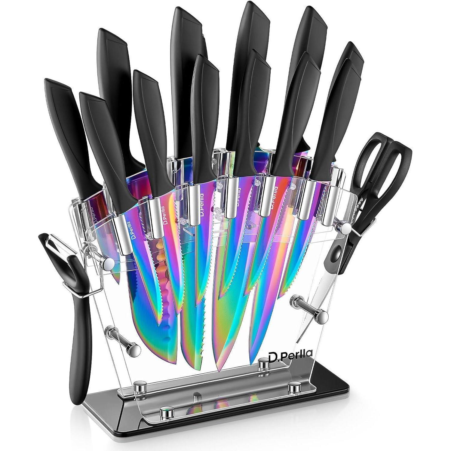 Messerblock Set 16-teilig Mit Regenbogen Titanbeschichtung Und Acrylhalter