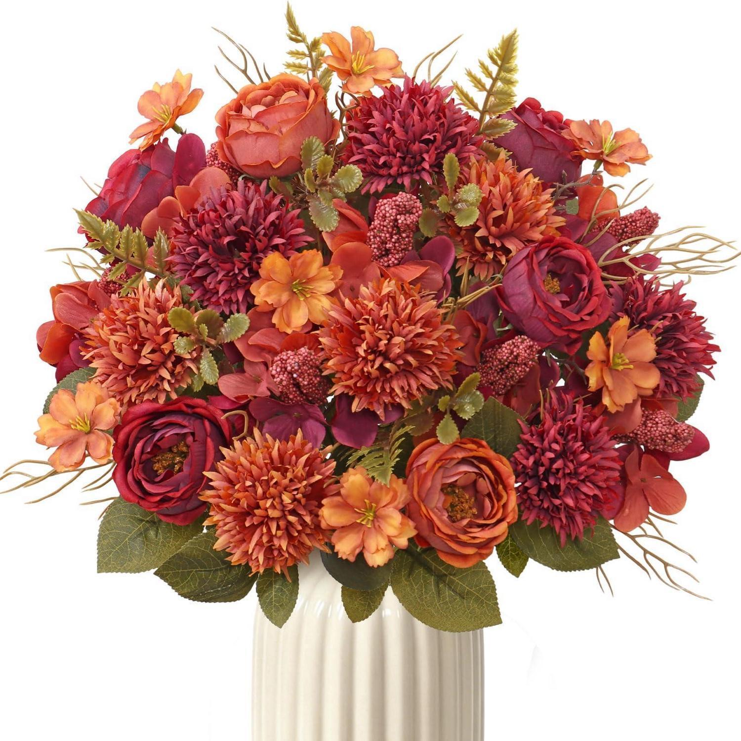 Künstlicher Herbststrauß 2er Set Pfingstrosen Chrysanthemen Burgunderrot 32cm