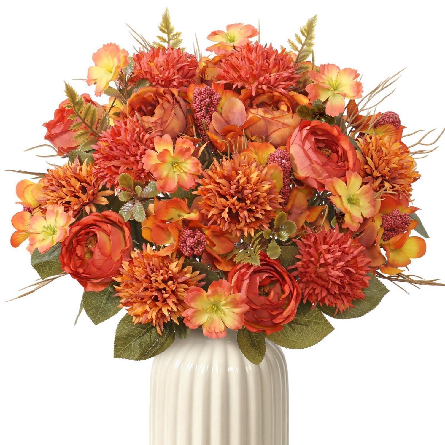 Künstlicher Herbststrauß 4er Set Pfingstrosen Chrysanthemen Seidenblumen Deko Orange