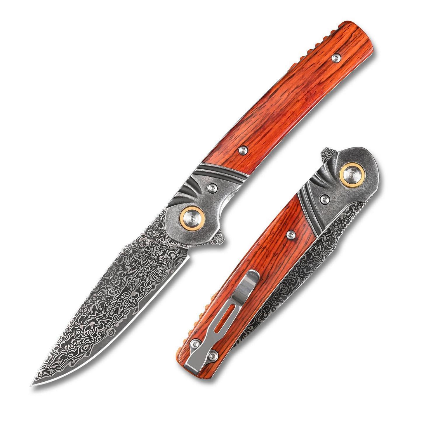 Klappmesser Damaststahl Vg10 Mit Holzgriff, Edc Survival Camping Messer