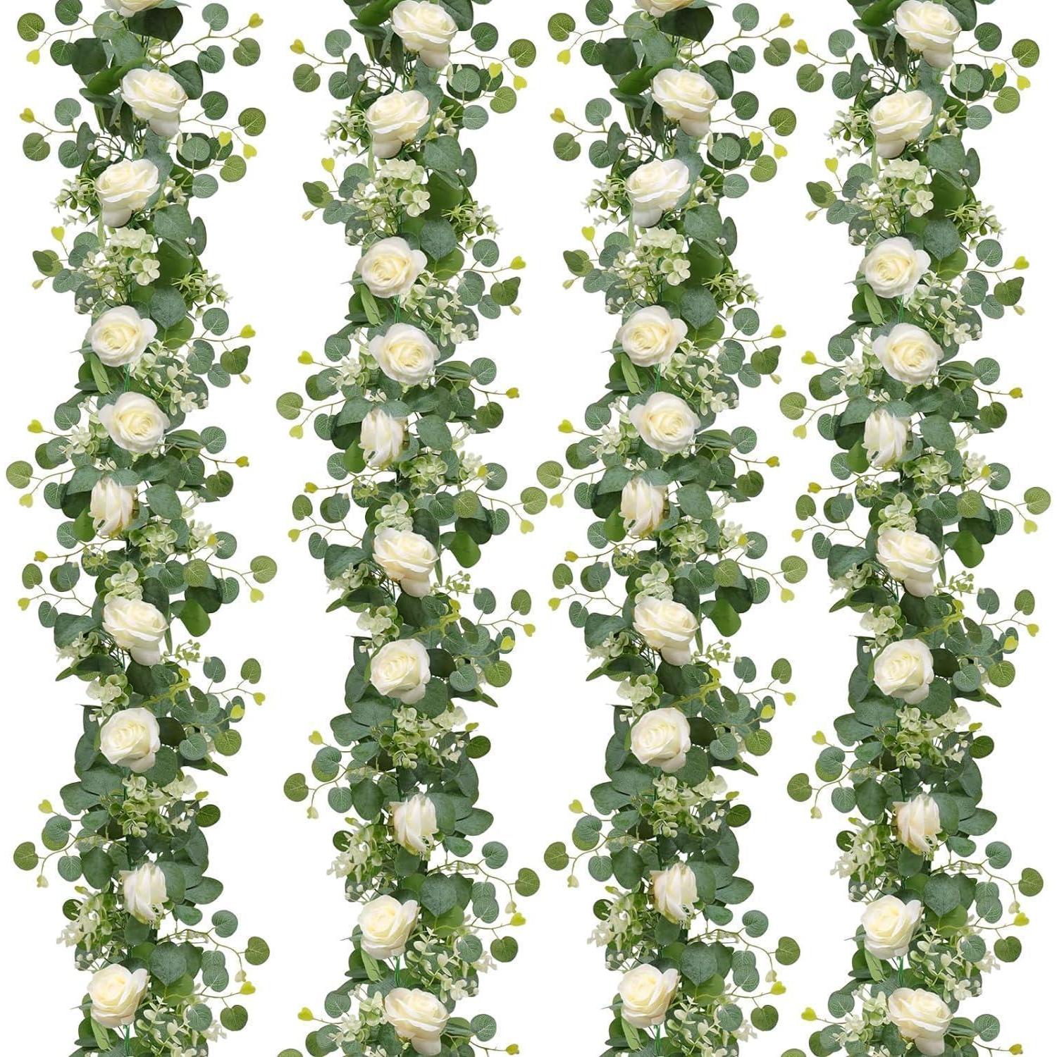 4er Set Künstliche Blumengirlande Weiß Mit Rosen & Eukalyptus 180cm